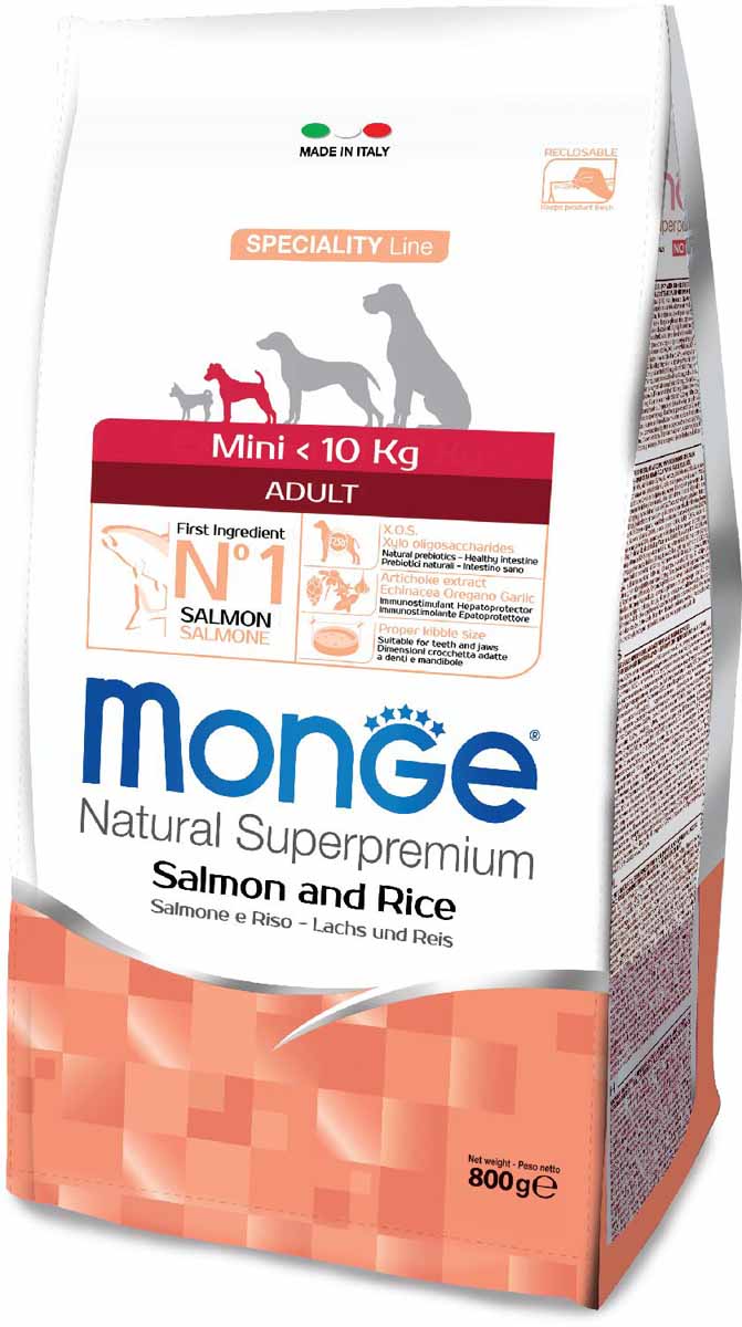 Корм сухой Monge Dog Speciality Mini, для взрослых собак мелких пород, с лососем и рисом, 800 г70011563 Корм сухой Monge Dog Speciality Mini, для взрослых собак мелких пород, с лососем и рисом, 800 г70011563Monge Dog Speciality Mini корм для взрослых собак мелких пород, лосось с рисом, 800 г. Полнорационный корм на основе лосося и риса для взрослых собак всех пород с особыми потребностями. Разработан на основе лосося северного моря, богат Омега-3 и Омега-6 жирными кислотами, которые позволяют предупредить воспалительные процессы и сохранить здоровье кожи и шерсти вашего питомца. Лосось и рис гарантируют правильное усвоение белков и углеводов. Корм прекрасно подходит для собак с проблемами пищеварения и кожными заболеваниями. Данный продукт предназначен для собак с заболеваниями кожи, такими, как дерматит, перхоть, зуд, а также для собак со светлой шерстью. Глюкозамин, хондроитин и МСМ благотворно влияют на здоровье всего костного аппарата, помогают предотвратить возникновение болезней суставов. Анализ компонентов: сырой белок 25,00%, сырые масла и жиры 14,00%, сырая клетчатка 2,50%, сырая зола 6,50%, кальций 1,20%, фосфор 0,90%, омега-6 жирные кислоты 4,00%, омега-3...