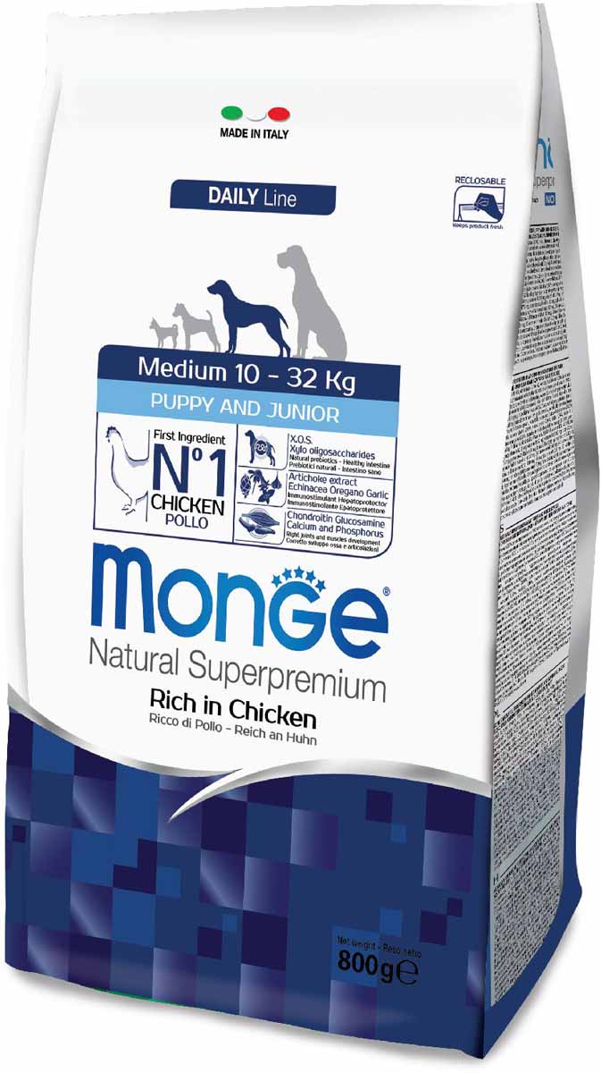 Корм сухой Monge Dog Medium, для щенков средних пород, 800 г70011655 Корм сухой Monge Dog Medium, для щенков средних пород, 800 г70011655Monge Dog Medium корм для щенков средних пород, 800 г. Полнорационный корм для собак на основе мяса цыпленка и риса. Рекомендуется для щенков и молодых собак средних размеров возрастом до 12 месяцев, а также для беременных и кормящих самок. Анализ компонентов: сырой белок 29,00%, сырые масла и жиры 18,00%, сырая клетчатка 2,00%, сырая зола 7,50%, кальций 1,50%, фосфор 1,00%, омега-6 жирные кислоты 5,20%, омега-3 жирные кислоты 0,80%. Пищевые добавки/кг: витамин А 26000 МЕ, витамин D3 1820 МЕ, витамин Е 200 мг, витамин В1 20 мг, витамин В2 25 мг, витамин В6 12 мг, витамин В12 240 мг, биотин 32 мг, ниацин 50 мг, витамин С 175 мг, пантотеновая кислота 30 мг, фолиевая кислота 2,8 мг, холина хлорид 3200 мг, инозитол 6,00 мг, Е5 сульфат марганца моногидрат 32 мг, Е6 оксид цинка 150 мг, Е4 сульфат меди пентагидрат 13 мг, Е1 сульфат железа моногидрат 110 мг, Е8 селенит натрия 0,20 мг, Е2 безводный йодат кальция 1,80 мг, L-карнитин 140 мг, DL-метионин 7,20 г. Технологические...