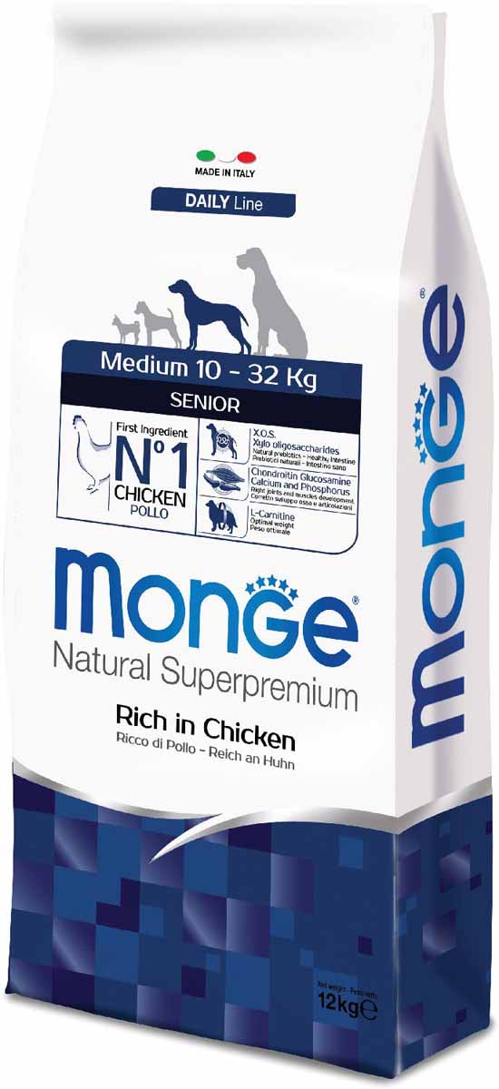 Корм сухой Monge Dog Medium, для пожилых собак средних пород, 12 кг70011686 Корм сухой Monge Dog Medium, для пожилых собак средних пород, 12 кг70011686Monge Dog Medium корм для пожилых собак средних пород с курицей, 12 кг. Полноценный сбалансированный рацион для пожилых собак средних пород. Содержание X.O.S. помогает сохранить естественный баланс кишечной микрофлоры, способствует оптимальному усвоению питательных веществ и повышает иммунитет. Высококачественное свежее мясо способствует наиболее оптимальному пищеварению и усвоению питательных веществ, которые помогают формировать и поддерживать мускулатуру и активность животного. L-карнитин для улучшения обменных и энергетических процессов в мышцах. Активизирует жировой обмен, поддерживает нормальную работу сердца и печени, стимулирует регенерацию клеток. Способствует поддержанию оптимального веса животного. Омега-3 и омега-6 жирные кислоты для красоты шерсти и здоровья кожи. Оптимальный баланс омега-3 и омега-6 в составе корма чрезвычайно важен для поддержания кожи и шерсти в отличном состоянии. Анализ компонентов: сырой белок 26,00%, сырые масла и жиры 13,00%,...