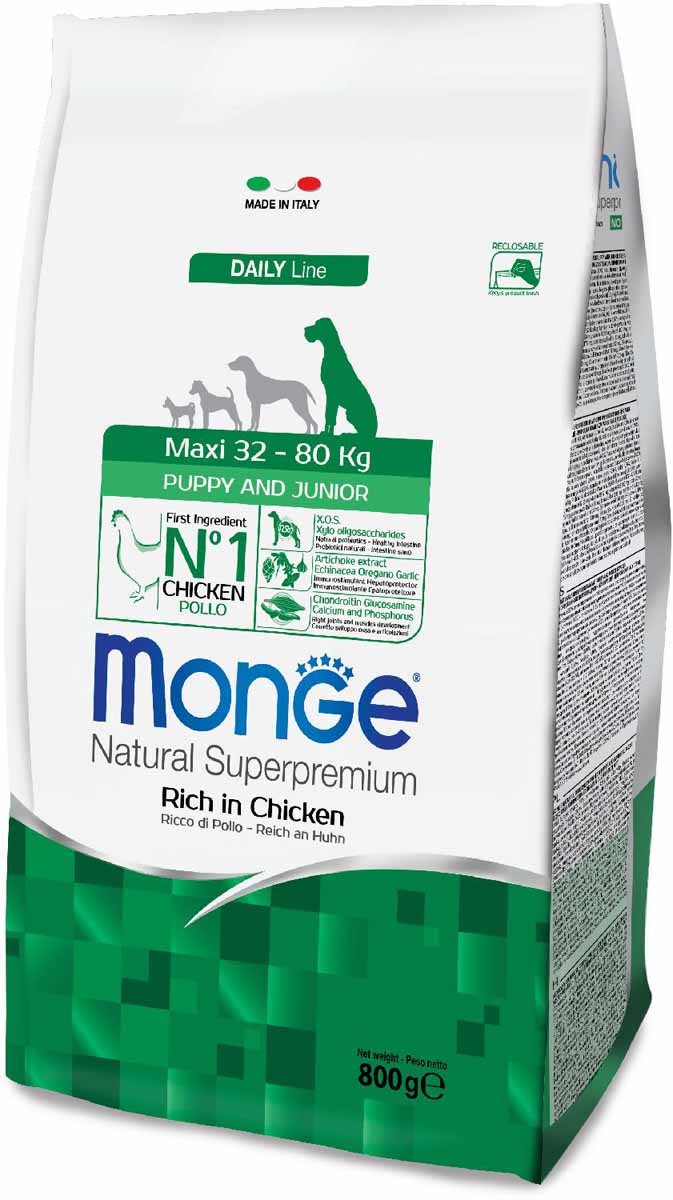 Корм сухой Monge Dog Maxi, для щенков крупных пород, 800 г70011693 Корм сухой Monge Dog Maxi, для щенков крупных пород, 800 г70011693Monge Dog Maxi корм для щенков крупных пород, 800 г. Полнорационный корм для собак на основе мяса цыпленка и риса. Рекомендуется для щенков и молодых собак крупных пород возрастом от 2 до 12 месяцев, а также для беременных и кормящих самок. Анализ компонентов: сырой белок 28,00%, сырые масла и жиры 16,00%, сырая клетчатка 2,00%, сырая зола 7,00%, кальций 1,50%, фосфор 1,10%, омега-6 жирные кислоты 6,50%, омега-3 жирные кислоты 0,90%. Пищевые добавки/кг: витамин А 26000 МЕ, витамин D3 1820 МЕ, витамин Е 200 мг, витамин В1 20 мг, витамин В2 25 мг, витамин В6 12 мг, витамин В12 240 мг, биотин 32 мг, ниацин 50 мг, витамин С 175 мг, пантотеновая кислота 30 мг, фолиевая кислота 2,80 мг, холина хлорид 3200 мг, инозитол 6,00 мг, Е5 сульфат марганца моногидрат 32 мг, Е6 оксид цинка 150 мг, Е4 сульфат меди пентагидрат 13 мг, Е1 сульфат железа моногидрат 110 мг, Е8 селенит натрия 0,20 мг, Е2 йодат кальция 1,80 мг, L-карнитин 140 мг, DL-метионин 7,20г. Технологические добавки/кг:...
