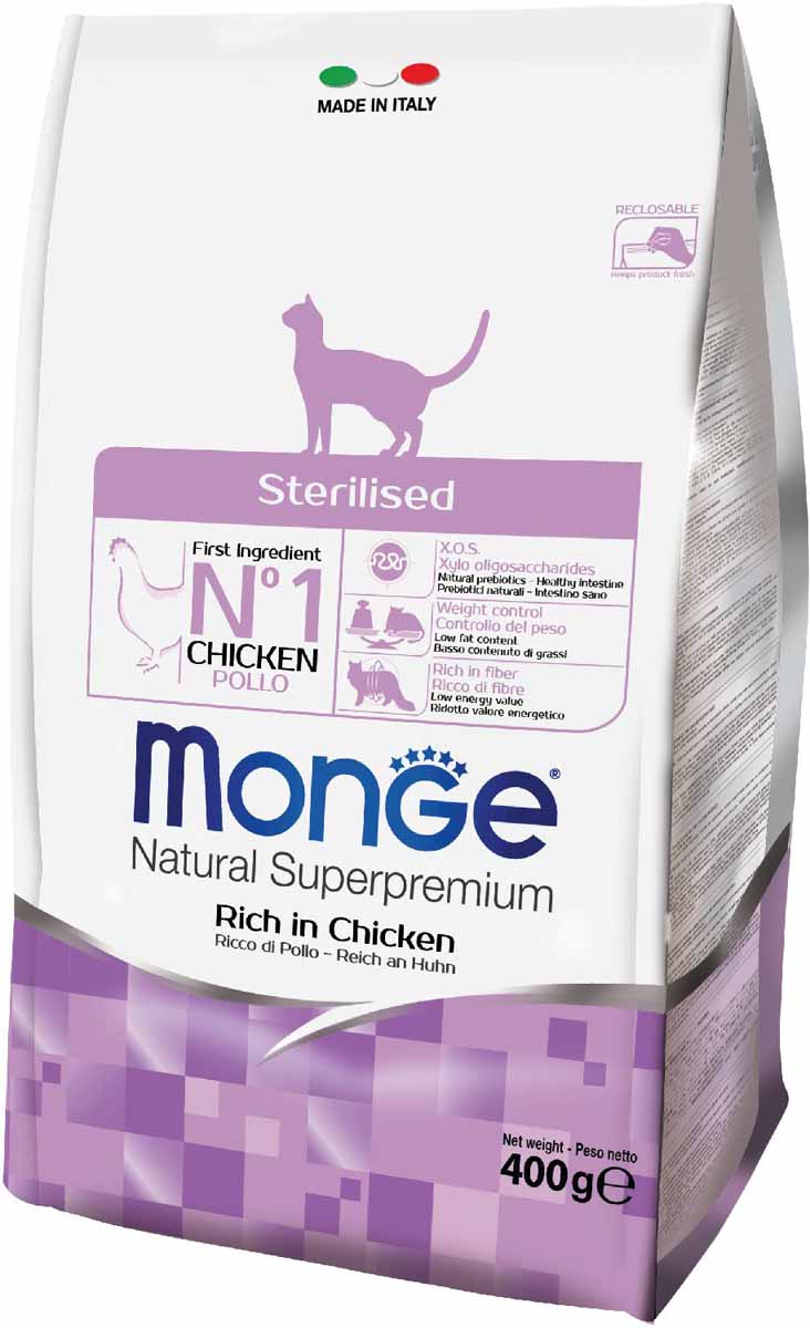 Корм сухой Monge Cat Sterilized, для стерилизованных кошек, 400 г70011921 Корм сухой Monge Cat Sterilized, для стерилизованных кошек, 400 г70011921Корм для стерилизованных кошек - 400 г. Полноценный сбалансированный рацион для стерилизованных кошек с пониженным содержанием калорий, обеспечивающим профилактику ожирения. Содержит важнейшие антиоксиданты, такие как витамин Е, для поддержания иммунной системы. Умеренное содержание жиров в корме препятствует накоплению избыточной массы тела и профилактирует дальнейшее увеличение веса. Содержание X.O.S. помогает сохранить естественный баланс кишечной микрофлоры, способствует усвоению пищи и повышает иммунитет. Обогаще н клетчаткой. Одно из важнейших полезных свойств клетчатки в кормах для кошек, заключается в ее способности контролировать вес животного. Добавление в корм волокна, медленной ферментации, помогает предотвратить ожирение и способствует снижению веса.Гарантированный анализ: сырой белок 35,00%, сырые масла и жиры 10,00%, сырая клетчатка 7,00%, сырая зола 6,00%, кальций 1,20%, фосфор 1,10%, магний 0,08%, натрий 0,20%, омега-6 незаменимые жирные кислоты...