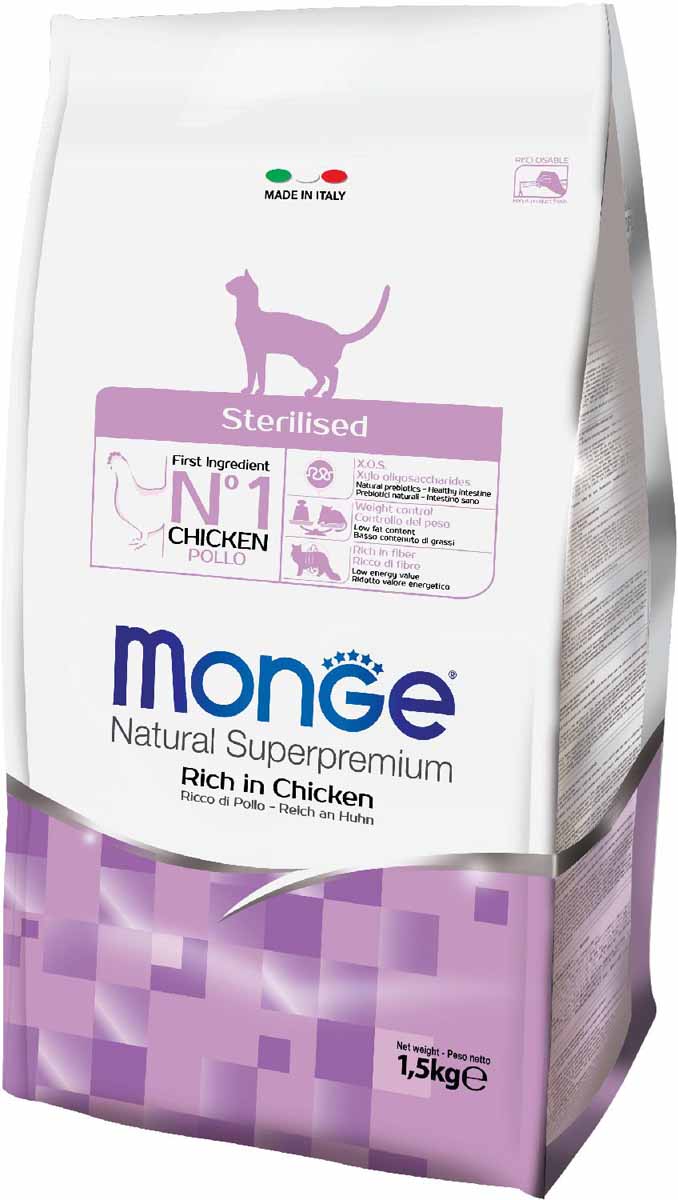 Корм сухой Monge Cat Sterilized, для стерилизованных кошек, 1,5 кг70011938 Корм сухой Monge Cat Sterilized, для стерилизованных кошек, 1,5 кг70011938Корм для стерилизованных кошек - 1,5 кг. Полноценный сбалансированный рацион для стерилизованных кошек с пониженным содержанием калорий, обеспечивающим профилактику ожирения. Содержит важнейшие антиоксиданты, такие как витамин Е, для поддержания иммунной системы. Умеренное содержание жиров в корме препятствует накоплению избыточной массы тела и профилактирует дальнейшее увеличение веса. Содержание X.O.S. помогает сохранить естественный баланс кишечной микрофлоры, способствует усвоению пищи и повышает иммунитет. Обогаще н клетчаткой. Одно из важнейших полезных свойств клетчатки в кормах для кошек, заключается в ее способности контролировать вес животного. Добавление в корм волокна, медленной ферментации, помогает предотвратить ожирение и способствует снижению веса. Гарантированный анализ: сырой белок 35,00%, сырые масла и жиры 10,00%, сырая клетчатка 7,00%, сырая зола 6,00%, кальций 1,20%, фосфор 1,10%, магний 0,08%, натрий 0,20%, омега-6 незаменимые жирные кислоты...