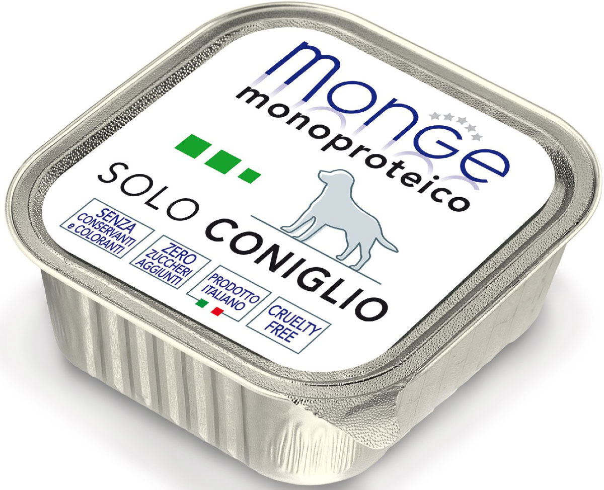 Консервы Monge Dog Monoproteico Solo, для собак, паштет из кролика, 150 г70014205 Консервы Monge Dog Monoproteico Solo, для собак, паштет из кролика, 150 г70014205Monge Dog Monoproteico Solo консервы для собак, паштет из кролика, 150 г. Монобелковый паштет для собак с кроликом. Гарантированный анализ: сырой белок 9,8%, сырые масла и жиры 5,8%, сырая зола 1%, сырая клетчатка 0,5%, влажность 80%. Пищевые добавки/кг: витамин А 2500 МЕ, витамин D3 300 МЕ, витамин Е (альфа-токоферол 91%) 7 мг. Ингредиенты: свежее мясо кролика 100%, минеральные вещества, витамины. Технологические добавки: загустители и желеобразующие компоненты. Не содержит красителей, консервантов и глютена. Рекомендации по кормлению: собакам мелких пород необходимо около 400 г продукта в день. Количество корма может варьироваться в зависимости от индивидуальных потребностей животного. Продукт подавать комнатной температуры или подогретый. Важно, чтобы животное всегда имело доступ к чистой, свежей воде. Открытую упаковку хранить в холодильнике.