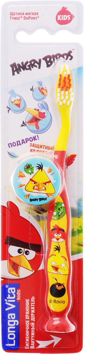 Longa Vita Детская зубная щетка с защитным колпачком Angry Birds от 5 лет цвет желтый красный125197_желтый, красный Longa Vita Детская зубная щетка с защитным колпачком Angry Birds от 5 лет цвет желтый красный125197_желтый, красныйДетская зубная щетка Longa Vita Angry Birds предназначена для детей от пяти лет. Щетка имеет эргономичную ручку, чистящую головку округлой формы, цветовое поле мягкой щетины для оптимального дозирования пасты и специальную мягкую поверхность для чистки языка. Мягкая щетина не травмирует зубы и десны, бережно очищая ротовую полость. Зубная щетка оснащена специальным защитным колпачком, который защитит ее от загрязнений. Вакуумный держатель обеспечивает гигиеничное хранение. Стоматологи рекомендуют менять зубную щетку каждые 3 месяца. Ребенок должен чистить зубы под присмотром взрослых.