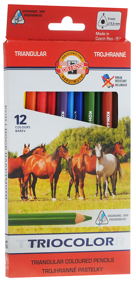 Koh-i-Noor Набор цветных карандашей Triocolor 12 цветов3142/12 Koh-i-Noor Набор цветных карандашей Triocolor 12 цветов3142/12Яркие цветные карандаши Koh-i-Noor Triocolor станут незаменимым инструментом для начинающих и профессиональных художников. В набор входят 12 карандашей разных цветов. Цветные карандаши в эргономичном трехгранном корпусе из натуральной древесины особенно удобны для детей. Такая форма помогает формировать правильную постановку руки. Ширина линии - 4 мм. Диаметр грифеля - 5,6 мм. Набор цветных карандашей - это практичный и современный художественный инструмент, который поможет вам в создании самых выразительных произведений.