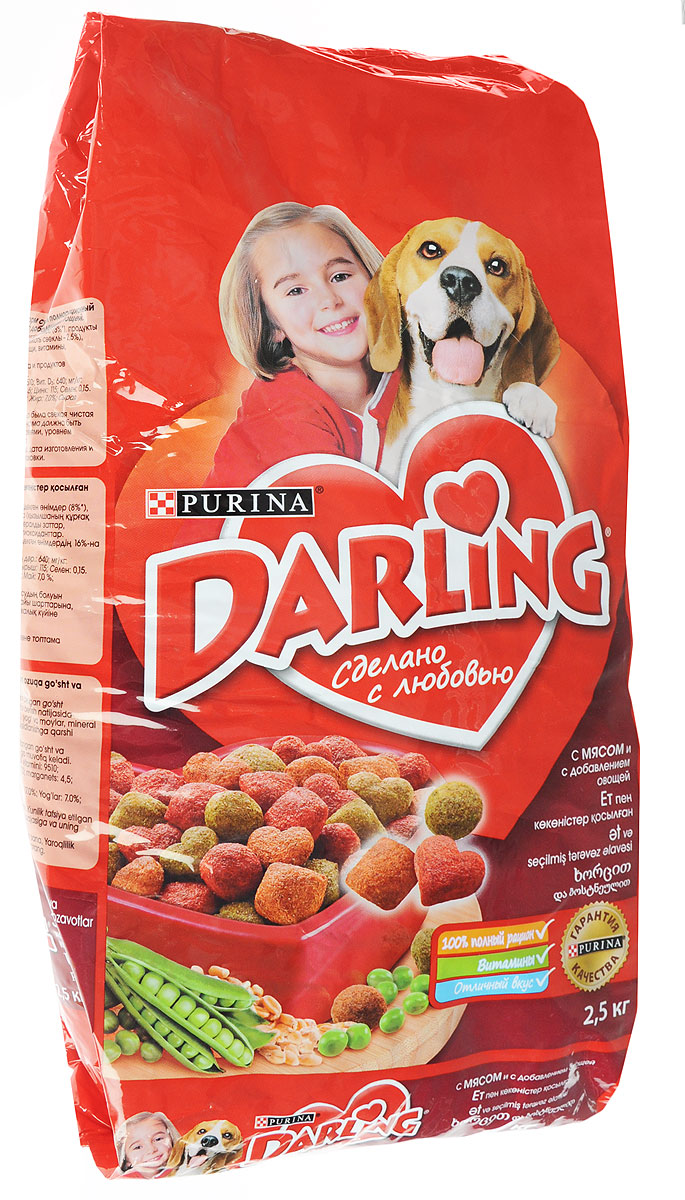 Корм сухой Darling для взрослых собак, с мясом и овощами, 2,5 кг12187228 Корм сухой Darling для взрослых собак, с мясом и овощами, 2,5 кг12187228Сухой корм Darling является полнорационным сбалансированным питанием для взрослых собак. Сухой корм Darling содержит: - белок - для поддержания мышечной системы; - углеводы - для энергичности; - клетчатка - для хорошего пищеварения; - жиры - для блестящей шерсти; - витамины и минеральные вещества - необходимые питательные вещества для организма. - важнейшие минеральные вещества и витамин D для сильных костей. Состав: злаки, мясо и субпродукты (минимум 4% мяса в темно-красных, оранжевых и зеленых гранулах), масла и жиры, минеральные вещества и овощи (0,5% моркови и 0,5% гороха в темно-красных, оранжевых и зеленых гранулах). Добавленные вещества: мг/кг: железо: 32; йод:1,6; медь: 7,0; марганец: 4,5; цинк: 115; селен: 0,12; МЕ/кг: витамин A: 9 510; витамин D3: 640. Содержит красители, антиокислители и консерванты. Гарантированные показатели: белок 17,0%, жир 7,0%, сырая зола 8,0%, сырая клетчатка 2,0%. Товар...