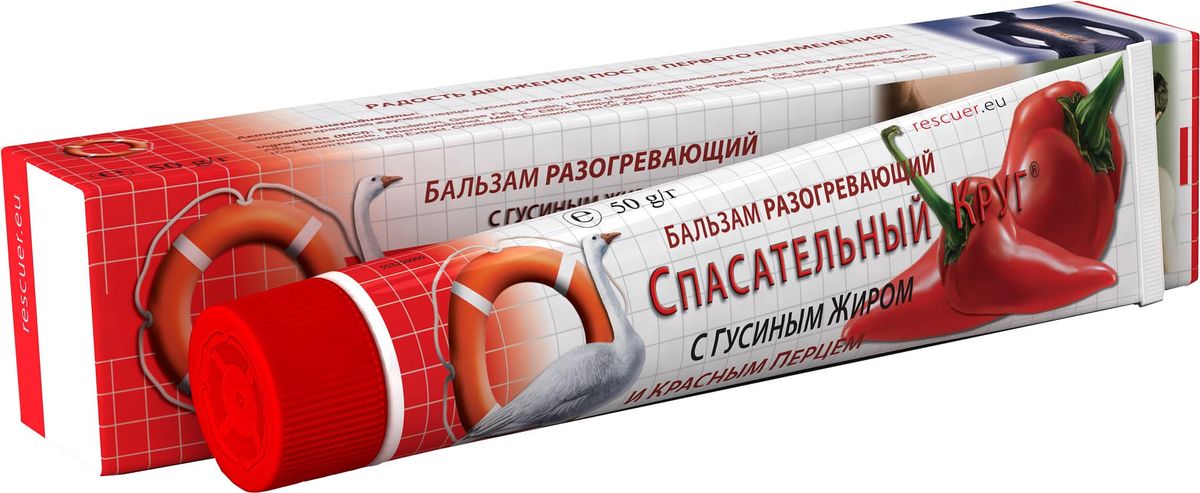 Спасательный круг Бальзам разогревающий с красным перцем и гусиным жиром 45гр60 Спасательный круг Бальзам разогревающий с красным перцем и гусиным жиром 45гр60Разогревающий бальзам представляет собой средство для наружного применения при дискомфорте в области позвоночника, суставов и мышц. Основа бальзама - экстракт жгучего красного кайенского перца (капсаицин), действие которого усиливает также входящее в состав эфирное масло корицы. Дополнительный местнораздражающий и противовоспалительный эффект оказывает никотиновая кислота. Гусиный жир, льняное масло и пчелиный воск являются факторами глубокой доставки активных веществ в ткани. Бальзам оказывает глубокое и длительное разогревающее действие. Бальзам может быть рекомендован в качестве вспомогательного средства при дегенеративно-дистрофических и воспалительных заболеваниях суставов и позвоночника.