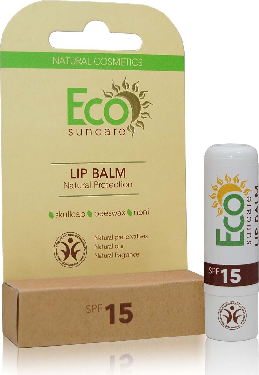 Eco Suncare Натуральный солнцезащитный бальзам для губ -Natural Sun Protection Lip Balm SPF 15 -5г5903240869039 Eco Suncare Натуральный солнцезащитный бальзам для губ -Natural Sun Protection Lip Balm SPF 15 -5г5903240869039Содержит уникальный растительный комплекс, который надежно защищает нежную кожу губ от UVA и UVB лучей. Водостойкая формула средства защищает даже во время купания! В состав бальзама входит экстракт Ламинария Ochroleuca (коричневые морские водоросли) который защищает кожу от повреждений, связанных с чрезмерным пребыванием на солнце, предупреждает пигментацию и ожоги, препятствует обезвоживанию и преждевременному старению кожи губ. Натуральные масла и воски создают на поверхности губ защитную пленку, интенсивно питают, увлажняют, улучшают микроциркуляцию и предотвращают появление сухости и трещинок. Сок нони, содержит витамины, микроэлементы и аминокислоты, которые обеспечивают вашим губам шелковистость и мягкость.