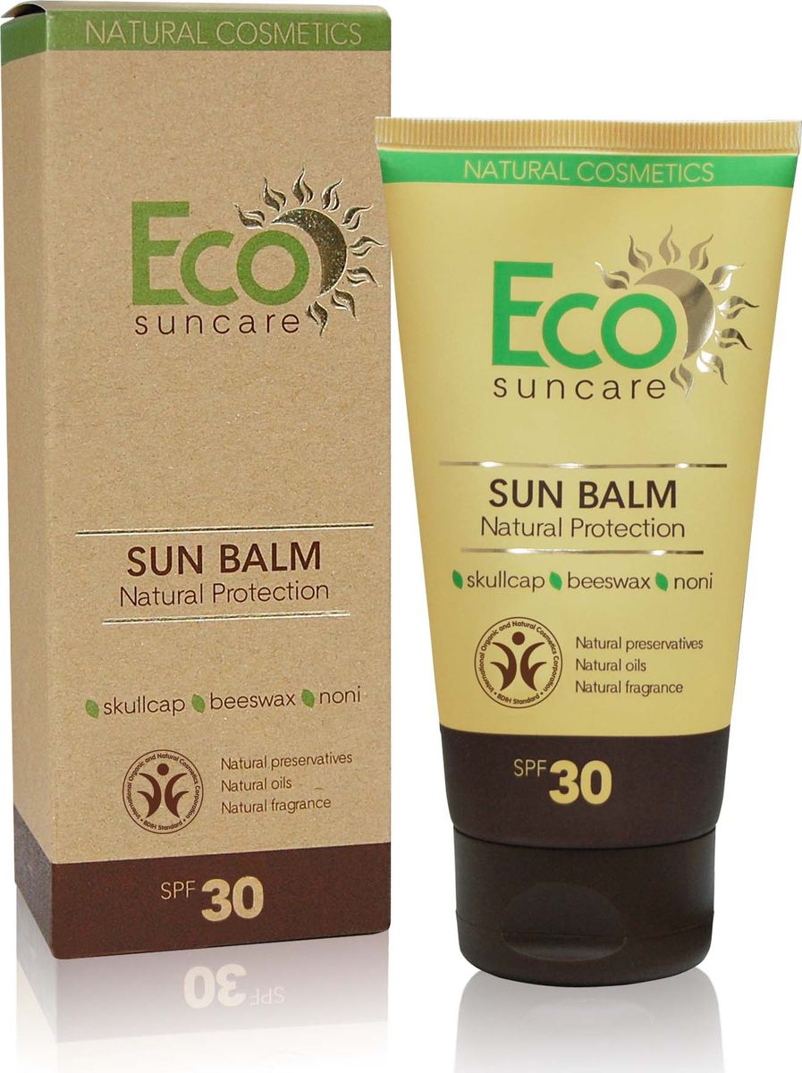 Eco Suncare Натуральный солнцезащитный бальзам -Natural Sun Protection Balm SPF 30 -125мл5903240869046 Eco Suncare Натуральный солнцезащитный бальзам -Natural Sun Protection Balm SPF 30 -125мл5903240869046Солнцезащитный бальзам сделает ваше пребывание на солнце безопасным и комфортным! Водостойкая формула средства защищает даже во время купания! Содержит уникальный растительный комплекс, который надежно защитит кожу от UVA и UVB лучей. Натуральные масла и экстракты растений содержат мощные антиоксиданты, которые обеспечивают защиту кожи от негативного воздействия окружающей среды, сохраняя ее молодой и здоровой. Экстракт байкальского шлемника предотвращает появление пигментации, вызванной солнечным воздействием, содержит природные фотофильтры. Пчелиный воск образует на коже защитную пленку тем самым замедляя процесс обезвоживания и преждевременного старения кожи. Касторовое масло способствует увлажнению кожи, снимает шелушение, препятствует огрубению эпидермиса, придает эластичность и упругость коже. Сок нони содержит витамины, микроэлементы и аминокислоты, которые обновляют и реконструируют клетки кожи.