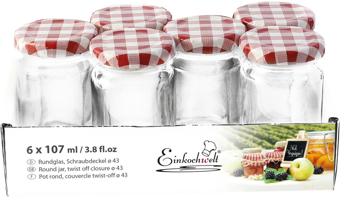 Набор банок для сыпучих продуктов Einkochwelt Twist, с металлическими крышками, 107 мл, 6 шт344452 Набор банок для сыпучих продуктов Einkochwelt Twist, с металлическими крышками, 107 мл, 6 шт344452Набор состоит из семи стеклянных банок объемом 45 мл с завиничивающимися крышками. Они предназначены для хранения сыпучих продуктов и консервации. Такие крышки сделают процесс приготовления домашних заготовок легким и приятным, а также обеспечат надежное хранение готовых продуктов. Оригинальная форма банок позволит им стать не только полезными изделиями, но и украшением интерьера вашей кухни.
