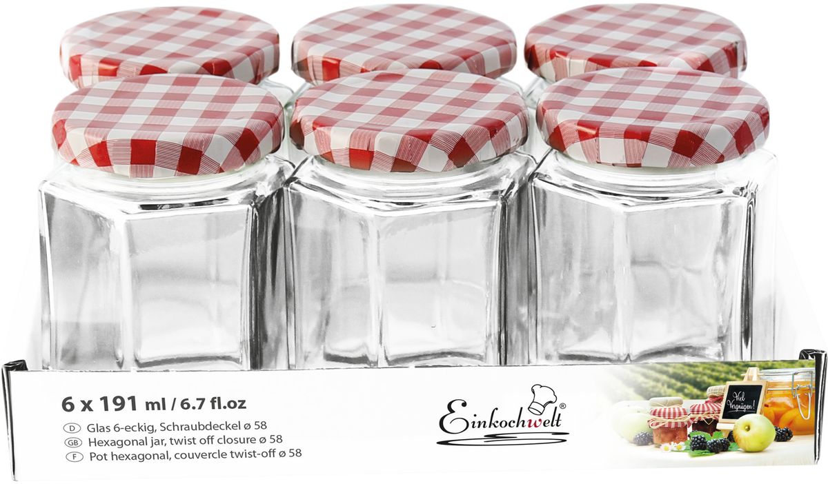 Набор банок для сыпучих продуктов Einkochwelt Twist, с металлическими крышками, 191 мл, 6 шт344483 Набор банок для сыпучих продуктов Einkochwelt Twist, с металлическими крышками, 191 мл, 6 шт344483Набор состоит из семи стеклянных банок объемом 45 мл с завиничивающимися крышками. Они предназначены для хранения сыпучих продуктов и консервации. Такие крышки сделают процесс приготовления домашних заготовок легким и приятным, а также обеспечат надежное хранение готовых продуктов. Оригинальная форма банок позволит им стать не только полезными изделиями, но и украшением интерьера вашей кухни.
