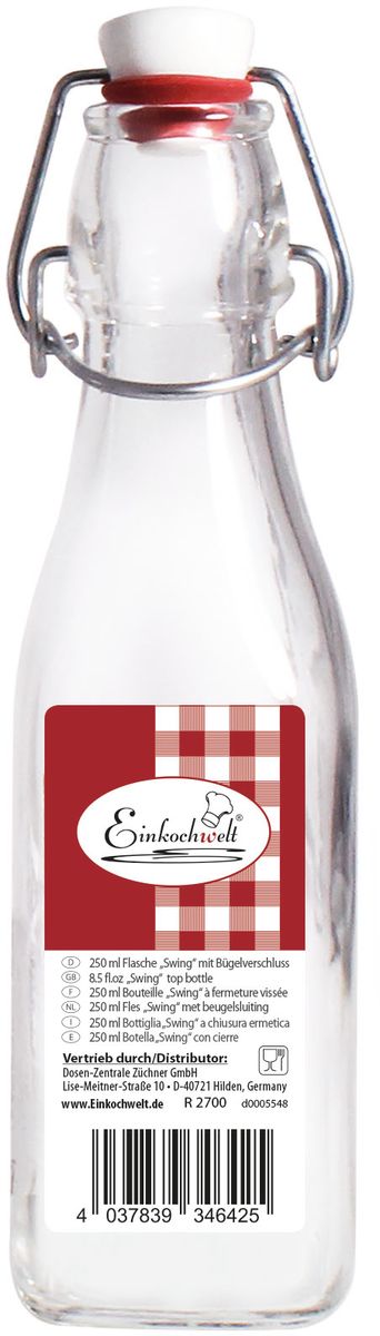 Бутылка Einkochwelt, с пробкой, 250 мл346425 Бутылка Einkochwelt, с пробкой, 250 мл346425Стеклянная бутылка объемом 250 мл с пробкой и зажимом предназначена для хранения и консервации соков, сиропов и других домашних напитков. Зажим обеспечит герметичность сосуда, что надежно сохранит свежесть и качество вашего продукта. Оригинальная форма бутылки позволит ей стать не только полезным изделием, но и украшением интерьера вашей кухни.