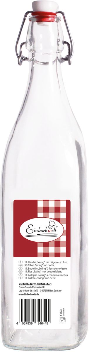 Бутылка Einkochwelt, с пробкой, 1 л346449 Бутылка Einkochwelt, с пробкой, 1 л346449Стеклянная бутылка объемом 1 л с пробкой и зажимом предназначена для хранения и консервации соков, сиропов и других домашних напитков. Зажим обеспечит герметичность сосуда, что надежно сохранит свежесть и качество вашего продукта. Оригинальная форма бутылки позволит ей стать не только полезным изделием, но и украшением интерьера вашей кухни.