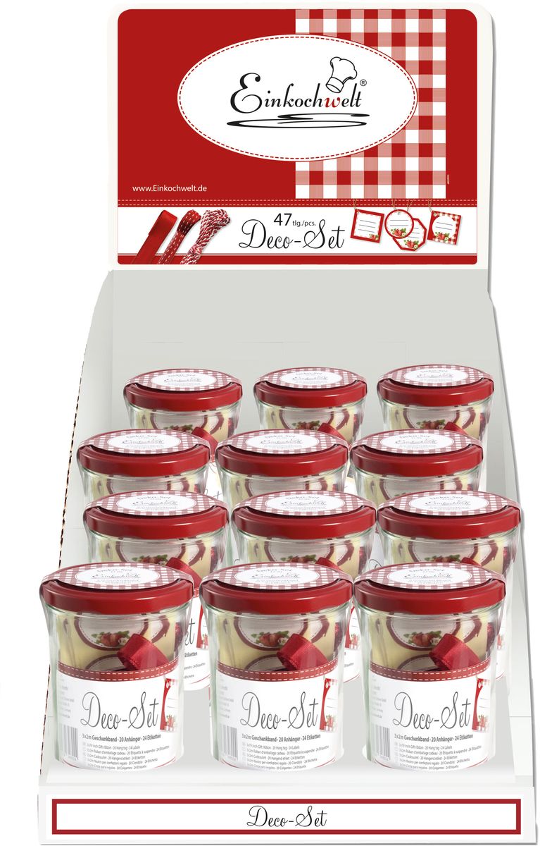 Банка для сыпучих продуктов Einkochwelt Weck, с наклейками, с лентой, 440 мл348917 Банка для сыпучих продуктов Einkochwelt Weck, с наклейками, с лентой, 440 мл348917Стеклянная банка объемом 440 мл с завиничивающейся крышкой предназначена для хранения сыпучих продуктов и консервации. Эта крышка сделает процесс приготовления домашних заготовок легким и приятным, а также обеспечит надежное хранение готовых продуктов. Украсив банку наклеками и лентами, вы придадите оригинальность вашему кулинарному шедевру и сможете использовать его в качестве подарка.