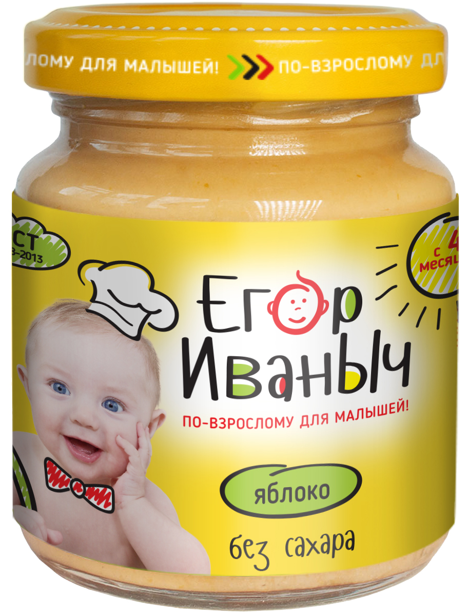 Егор Иваныч пюре яблоко без сахара, 100 г4610015300239 Егор Иваныч пюре яблоко без сахара, 100 г4610015300239Пюре детское ЯБЛОКО рекомендуется детям старше 4 месяцев. Продукт детского питания для детей раннего возраста, продукт прикорма, пюре фруктовое, гомогенизированное, стерилизованное.