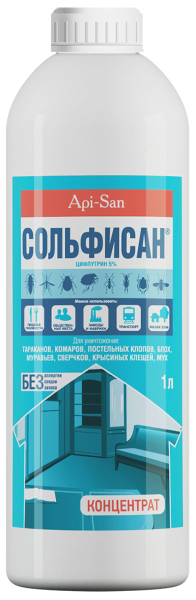 Средство для борьбы с вредителями Сольфисан, концентрат, 1 лН0000000457 Средство для борьбы с вредителями Сольфисан, концентрат, 1 лН0000000457Инсектоакарицидное средство Сольфисан концентрат эмульсии на масляно-водной основе, содержащий в качестве действующего вещества синтетический пиретроид цифлутрин 5%, а также вспомогательные компоненты и воду до 100%. (По внешнему виду представляет собой эмульсию от белого до светло-желтого цвета). Рабочие водные эмульсии содержат 0,012-0,05% цифлутрина. Средство обладает острым инсектицидным действием в отношении тараканов, муравьев, клопов, сверчков, блох, мух, комаров и крысиных клещей. Продолжительность остаточного действия на поверхностях в помещениях 1 – 3 месяца в зависимости от санитарного состояния помещения и концентрации и типа обрабатываемой поверхности. Дозировка и применение: 1. Для уничтожения тараканов к 1 мл Сольфисана добавить 100 мл воды и обработать места обитания тараканов и пути их проникновения в помещение. Норма расхода - 50-100 мл/м2 2. Для уничтожения клопов к 1 мл Сольфисана добавить 400 мл воды и обработать щели в стенах и мебели, за...