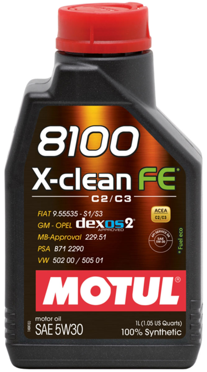 Масло моторное Motul 8100 X-Clean, синтетическое, 5W-30, 1 л104775 Масло моторное Motul 8100 X-Clean, синтетическое, 5W-30, 1 л104775100% синтетическое моторное масло со сниженным содержанием сульфатной золы (?0,8%), фосфора (0.07%-0.09%), серы (?0.3%) - Mid SAPS. Специально разработано для обеспечения высоких защитных свойств и топливной экономичности. Применяется для последнего поколения бензиновых и дизельных двигателей, отвечающих требованиям норм Евро IV и Евро V, которые оснащаются каталитическим нейтрализатором или сажевым фильтром (DPF). Соответствует требованиям PSA B71 2290 и GM-OPEL dexos2. ACEA Стандарты: ACEA C2 / C3 API Стандарты: API SERVICES SN / CF Одобрения: GM-OPEL dexos2; MB-Approval 229.51; PSA B71 2290; VW 502 00 / 505 01; FIAT 9.55535-S1 / S3