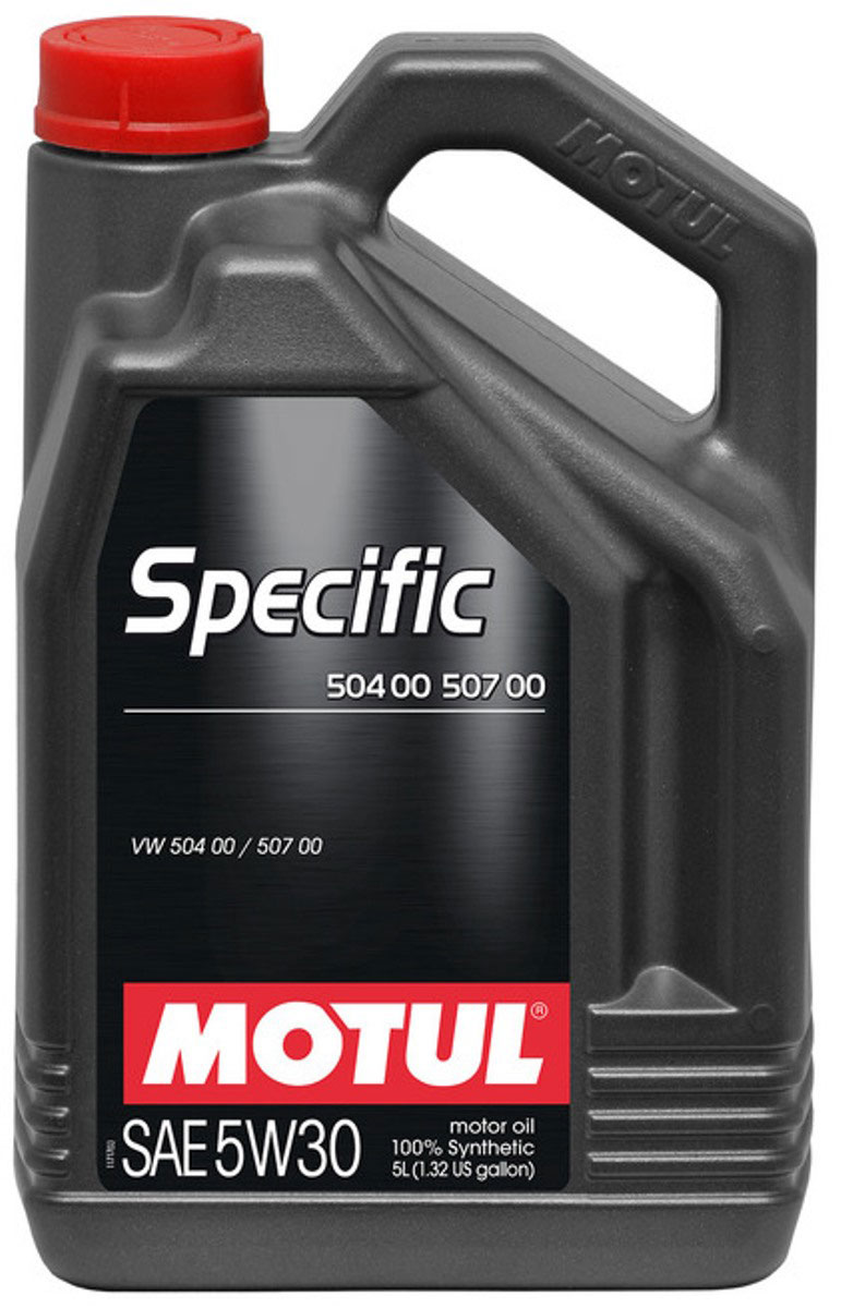 Масло моторное Motul Specific 504 00-507 00 VW, Audi, Seat, Skoda, синтетическое, 5W-30, 5 л106375 Масло моторное Motul Specific 504 00-507 00 VW, Audi, Seat, Skoda, синтетическое, 5W-30, 5 л106375Моторное масло для бензиновых и дизельных двигателей Volkswagen. 100% синтетическое. Специально разработано для новых автомобилей группы VAG (VW, Audi, Skoda, Seat), оснащенных двигателями, соответствующими требованиям нормы Евро IV и Евро V (сниженное содержание серы, фосфора, сулфатированной золы). Motul Specific 504.00 - 507.00 5W30 может использоваться во всех двигателях, требующих использования масла, соответствующего нормам VW, предшествующих 502 00, 505 00, 505 01, 503 00, 503 01, 506 00, 506 01. Интервалы замены масла остаются фиксированными (15 000 км) для всех автомобилей, в которых предусмотрено использование масла отвечающего требованиям норм VW 502 00, 505 00, 505 01 в том числе и для автомобилей, в которых используется Motul Specific 504.00 - 507.00 5W-30. При возникновении сомнений в правильности выбора моторного масла ознакомьтесь с руководством пользователя. Внимание: Для Touareg R5 и V10 TDI, выпущенных с мая 2003 по май 2007 использовать...