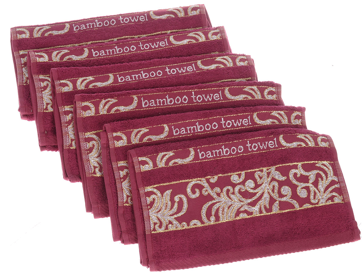 Набор полотенец Brielle Bamboo. Jacquard, цвет: бургунди, 30 х 50 см, 6 шт1211 Набор полотенец Brielle Bamboo. Jacquard, цвет: бургунди, 30 х 50 см, 6 шт1211выполненных из бамбука с содержанием хлопка. Изделия очень мягкие, они отлично впитывают влагу, быстро сохнут, сохраняют яркость цвета и не теряют формы даже после многократных стирок. Одна из боковых сторон оформлена оригинальным узором и надписью. Полотенца Brielle Bamboo. Jacquard очень практичны и неприхотливы в уходе. Такой набор послужит приятным подарком.