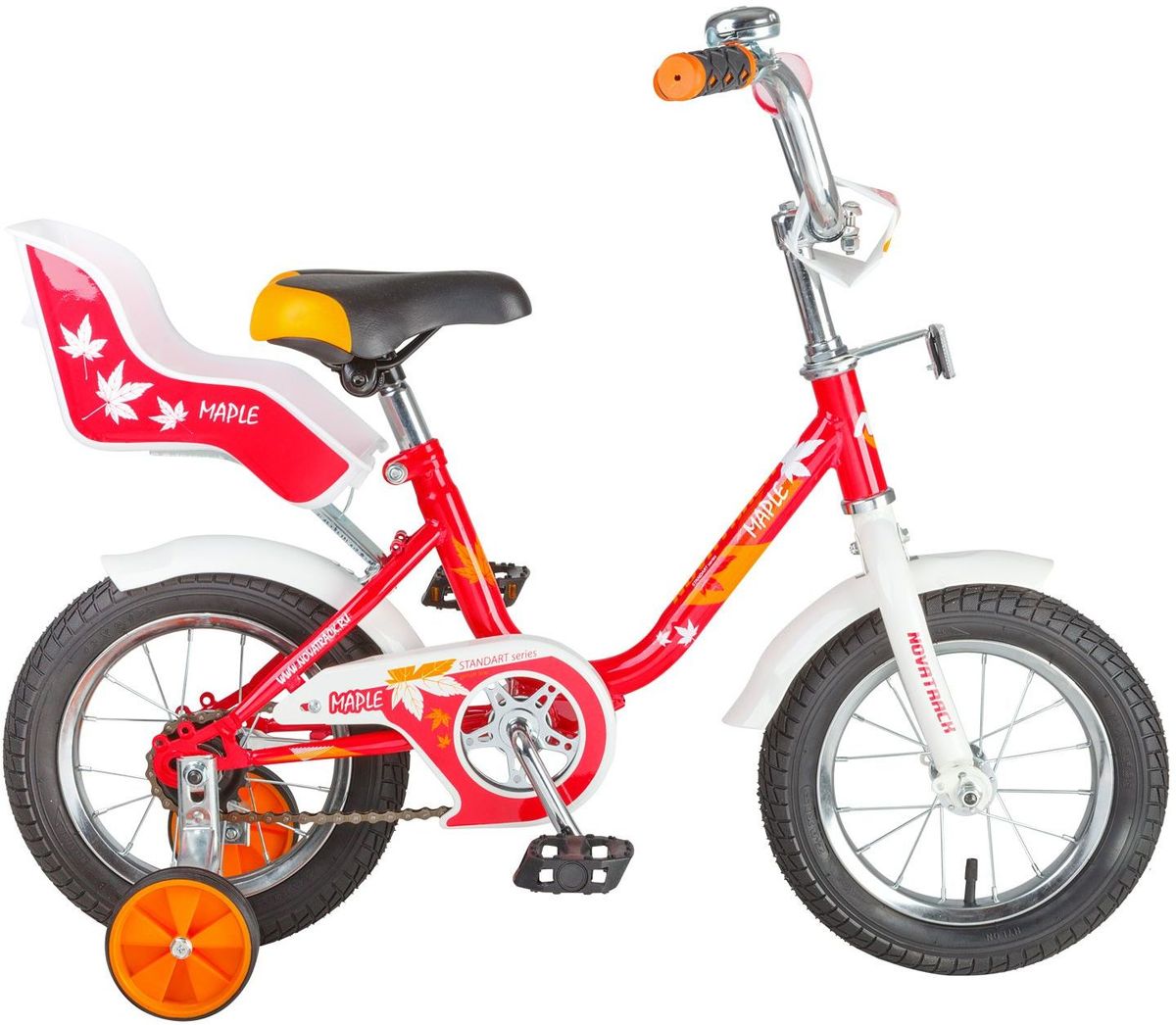 Велосипед детский Novatrack Maple, цвет: красный, 12124MAPLE.RD7 Велосипед детский Novatrack Maple, цвет: красный, 12124MAPLE.RD7Novatrack Maple 12’’ – это надежный велосипед для девочек 2-4 лет, на котором очень легко начинать обучение езеде на велосипеде, и который обязательно станет предметом гордости маленькой леди. Регулируемые сидение и руль легко адаптируются под рост ребенка. Маленькие дополнительные колеса снимаются. Отличительная особенность этого велосипеда – это сидение для куклы, ведь как можно не взять с собой подругу на велопрогулку? Велосипед оснащен ножным тормозом, которым ребеноку легко пользоваться, защитой цепи, которая убережет нижнюю часть одежды от попадания в механизм. Велосипед оборудован ограничителем поворота руля, который не позволит вывернуть руль на слишком большой градус, тем самым обезопасит ребенка от опрокидывания.
