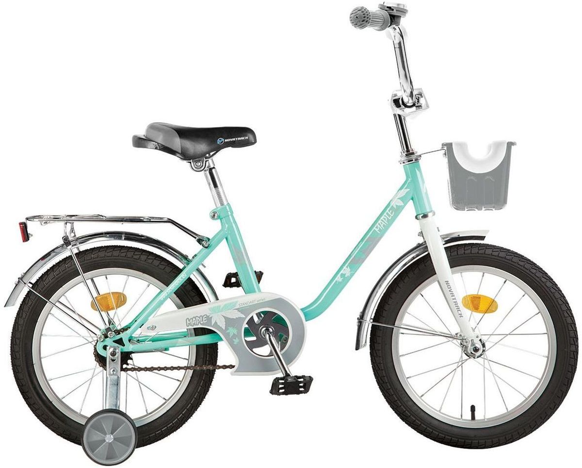 Велосипед детский Novatrack Maple, цвет: зеленый, 16164MAPLE.GR7 Велосипед детский Novatrack Maple, цвет: зеленый, 16164MAPLE.GR7Novatrack Maple 16 это надежный велосипед для девочек 5-7 лет, на котором очень легко начинать обучение езде на велосипеде, и который обязательно станет предметом гордости маленькой леди. Регулируемые сидение и руль легко адаптируются под рост ребенка. Маленькие дополнительные колеса снимаются. Отличительная особенность этого велосипеда дополнительная комплектация корзинкой на руле модели красного цвета и сиденьем для куклы модели фиолетового цвета. Велосипед оснащен ножным тормозом, которым ребенку легко пользоваться, защитой цепи, которая убережет нижнюю часть одежды от попадания в механизм. Для того, чтобы привлечь внимание прохожих, на руль установлен красивый и блестящий звоночек, который оповестит зевак об обгоне. Зеленый велосипед оснащен багажником, на котором можно перевозить маленьких друзей.