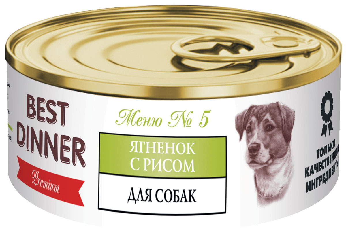 Консервы Best Dinner Меню №5 для собак, с ягненком и рисом, 100 г74040 Консервы Best Dinner Меню №5 для собак, с ягненком и рисом, 100 г74040Мясные консервы для собак Best Dinner – это идеально сбалансированный, полноценный источник питания, ингредиенты которого оптимально подобраны исходя из нужд Вашего любимца. Корм изготовлен из натуральных компонентов без красителей, консервантов и ароматизаторов. Состав: ягненок, субпродукты, рис, морковь, желирующая добавка, растительное масло, соль, вода. В 100 г продукта: сырой протеин, не менее 5,5 г; сырой жир, не более 5,2 г; сырая зола, не более 2,0 г; поваренная соль 0,3–0,7 г; влага, не более 80,0 %. Минеральные вещества в 100 г продукта: общий фосфор, не более 0,7 г; кальций, не более 0,5 г. Энергетическая ценность 100 г продукта: 68,8 ккал. Условия хранения: при температуре от 0 до 25 °C и относительной влажности воздуха не более 75 %. Рекомендуется употреблять при комнатной температуре. После вскрытия потребительской упаковки продукт хранить в холодильнике не более 2 суток. Суточная норма: 70–90 г на 1 кг веса животного, кормление в два...