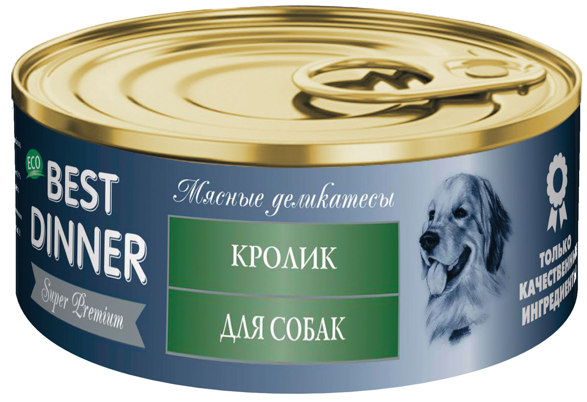 Консервы для собак Best Dinner Мясные деликатесы, с кроликом, 100 г76006 Консервы для собак Best Dinner Мясные деликатесы, с кроликом, 100 г76006Идеально сбалансированный по своему составу полноценный источник питания. На основе мяса кролика, с добавлением витаминно-минерального комплекса. Подходит для собак с чувствительным пищеварением. Состав: кролик, субпродукты мясные, желирующая добавка, растительное масло, соль, вода. В 100 г. содержится: сырой протеин, не менее 10,0 г ; сырой жир, не более 8,0 г ; сырая зола, не более 2,0 г ; поваренная соль 0,5-0,7 г ; влага, не более 82 %. Витамины: А, D3, Е. Минеральные вещества в 100 г. продукта: общий фосфор, не более 0,5 г ; кальций, не более 0,6 г.
