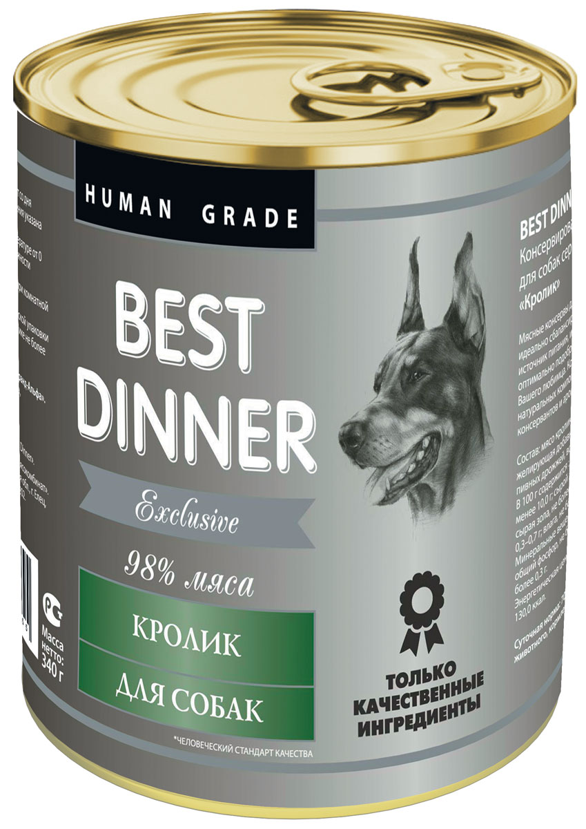 Консервы для собак Best Dinner Эксклюзив, с кроликом, 340 г74021 Консервы для собак Best Dinner Эксклюзив, с кроликом, 340 г74021Мясные консервы для собак Best Dinner – идеально сбалансированный, полноценный источник питания, ингредиенты которого оптимально подобраны исходя из нужд Вашего любимца. Корм изготовлен из натуральных компонентов без красителей, консервантов и ароматизаторов. Состав: мясо кролика, масло подсолнечное, желирующая добавка, соль, автолизат пивных дрожжей, вода питьевая. В 100 г содержится: сырой протеин, не менее 10,0 г; сырой жир, не более 10,0 г; сырая зола, не более 2,0 г; поваренная соль 0,3–0,7 г; влага, не более 85 %. Минеральные вещества в 100 г продукта: общий фосфор, не более 0,5 г; кальций, не более 0,3 г. Энергетическая ценность 100 г продукта: 130,0 ккал. Условия хранения: при температуре от 0 до 25 °C и относительной влажности воздуха не более 75 %. Рекомендуется употреблять при комнатной температуре. После вскрытия потребительской упаковки продукт хранить в холодильнике не более 2 суток. Суточная норма: 70–90 г на 1 кг веса животного,...