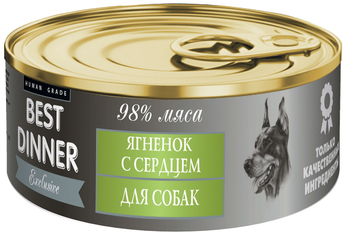 Консервы для собак Best Dinner Эксклюзив, с ягненком и сердцем, 100 г74033 Консервы для собак Best Dinner Эксклюзив, с ягненком и сердцем, 100 г74033Мясные консервы для собак Best Dinner – идеально сбалансированный, полноценный источник питания, ингредиенты которого оптимально подобраны исходя из нужд Вашего любимца. Корм изготовлен из натуральных компонентов без красителей, консервантов и ароматизаторов. Состав: ягненок, сердце, масло подсолнечное, желирующая добавка, соль, автолизат пивных дрожжей, вода питьевая. В 100 г содержится: сырой протеин, не менее 9,5 г; сырой жир, не более 13,0 г; сырая зола, не более 2,0 г; поваренная соль 0,3–0,7 г; влага, не более 85 %. Минеральные вещества в 100 г продукта: общий фосфор, не более 0,5 г; кальций, не более 0,3 г. Энергетическая ценность 100 г продукта: 155,0 ккал. Условия хранения: при температуре от 0 до 25 °C и относительной влажности воздуха не более 75 %. Рекомендуется употреблять при комнатной температуре. После вскрытия потребительской упаковки продукт хранить в холодильнике не более 2 суток. Суточная норма: 70–90 г на 1 кг веса животного,...