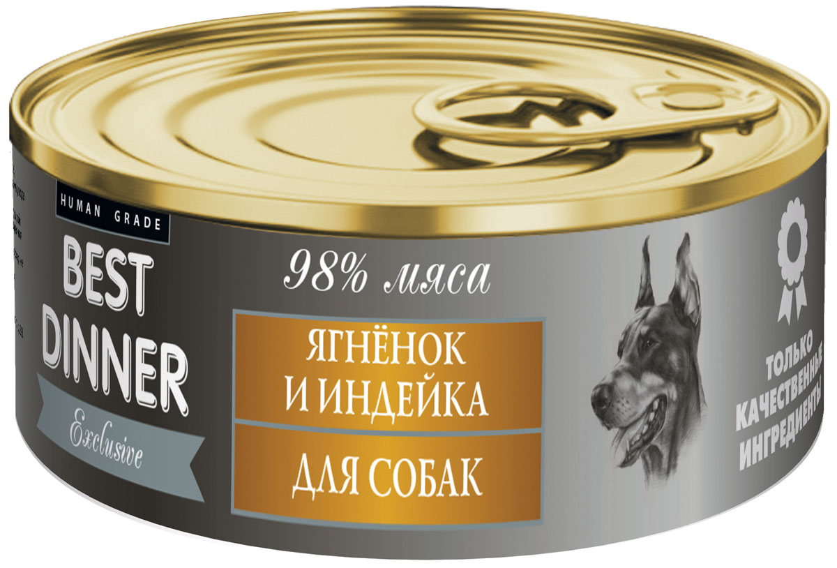 Консервы для собак Best Dinner Эксклюзив, с ягненком и индейкой, 100 г74032 Консервы для собак Best Dinner Эксклюзив, с ягненком и индейкой, 100 г74032Мясные консервы для собак Best Dinner – идеально сбалансированный, полноценный источник питания, ингредиенты которого оптимально подобраны исходя из нужд Вашего любимца. Корм изготовлен из натуральных компонентов без красителей, консервантов и ароматизаторов. Состав: ягненок, мясо индейки, масло подсолнечное, желирующая добавка, соль, автолизат пивных дрожжей, вода питьевая. В 100 г содержится: сырой протеин, не менее 11,0 г; сырой жир, не более 11,0 г; сырая зола, не более 2,0 г; поваренная соль 0,3–0,7 г; влага, не более 85 %. Минеральные вещества в 100 г продукта: общий фосфор, не более 0,5 г; кальций, не более 0,3 г. Энергетическая ценность 100 г продукта: 143,0 ккал. Условия хранения: при температуре от 0 до 25 °C и относительной влажности воздуха не более 75 %. Рекомендуется употреблять при комнатной температуре. После вскрытия потребительской упаковки продукт хранить в холодильнике не более 2 суток. Суточная норма: 70–90 г на 1 кг веса...