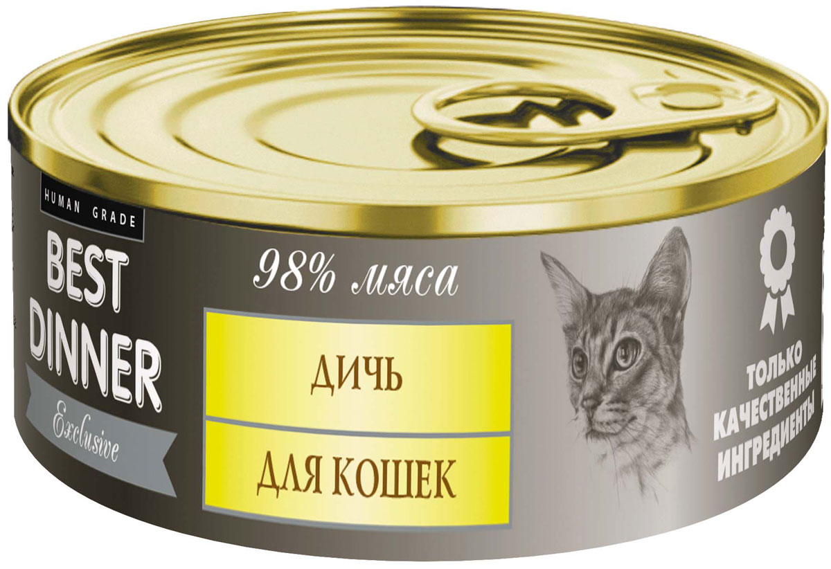 Консервы для кошек Best Dinner Эксклюзив, с дичью, 100 г74052 Консервы для кошек Best Dinner Эксклюзив, с дичью, 100 г74052Мясные консервы для кошек Best Dinner – продукты наивысшего качества, обладают изысканным вкусом, сбалансированным составом для правильного питания и здоровой жизни кошки. Изготовлены только из натуральных компонентов без искусственных красителей, консервантов и ароматизаторов. Состав: мясо перепелиное, мясо утки, масло подсолнечное, желирующая добавка, таурин, соль, автолизат пивных дрожжей, вода питьевая. В 100 г содержится: сырой протеин, не менее 10,5 г; сырой жир, не более 12,5 г; сырая зола, не более 2,0 г; таурин 0,2 г; поваренная соль 0,3–0,7 г; влага, не более 85 %. Минеральные вещества в 100 г продукта: общий фосфор, не более 0,5 г; кальций, не более 0,3 г. Энергетическая ценность 100 г продукта: 154,5 ккал. Условия хранения: при температуре от 0 до 25 °C и относительной влажности воздуха не более 75 %. Рекомендуется употреблять при комнатной температуре. После вскрытия потребительской упаковки продукт хранить в холодильнике не более 2 суток....