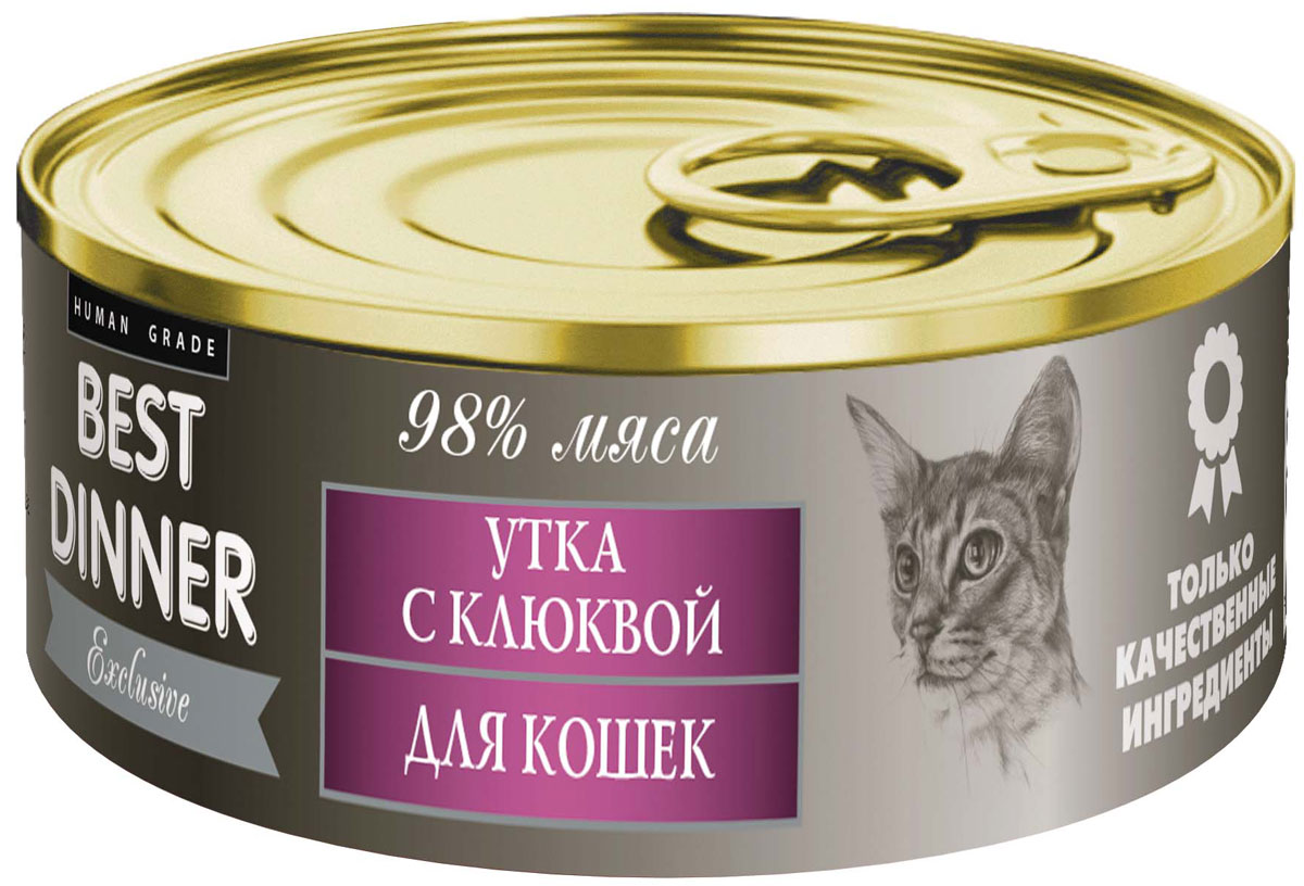 Консервы для кошек Best Dinner Эксклюзив, с уткой и клюквой, 100 г74018 Консервы для кошек Best Dinner Эксклюзив, с уткой и клюквой, 100 г74018Мясные консервы для кошек Best Dinner – продукты наивысшего качества, обладают изысканным вкусом, сбалансированным составом для правильного питания и здоровой жизни кошки. Изготовлены только из натуральных компонентов без искусственных красителей, консервантов и ароматизаторов. Состав: мясо утки, клюква, масло подсолнечное, желирующая добавка, таурин, соль, автолизат пивных дрожжей, вода питьевая. В 100 г содержится: сырой протеин, не менее 9,0 г; сырой жир, не более 9,5 г; сырая зола, не более 2,0 г; таурин 0,2 г; поваренная соль 0,3–0,7 г; влага, не более 85 %. Минеральные вещества в 100 г продукта: общий фосфор, не более 0,5 г; кальций, не более 0,3 г. Энергетическая ценность 100 г продукта: 121,5 ккал. Условия хранения: при температуре от 0 до 25 °C и относительной влажности воздуха не более 75 %. Рекомендуется употреблять при комнатной температуре. После вскрытия потребительской упаковки продукт хранить в холодильнике не более 2 суток. Суточная...