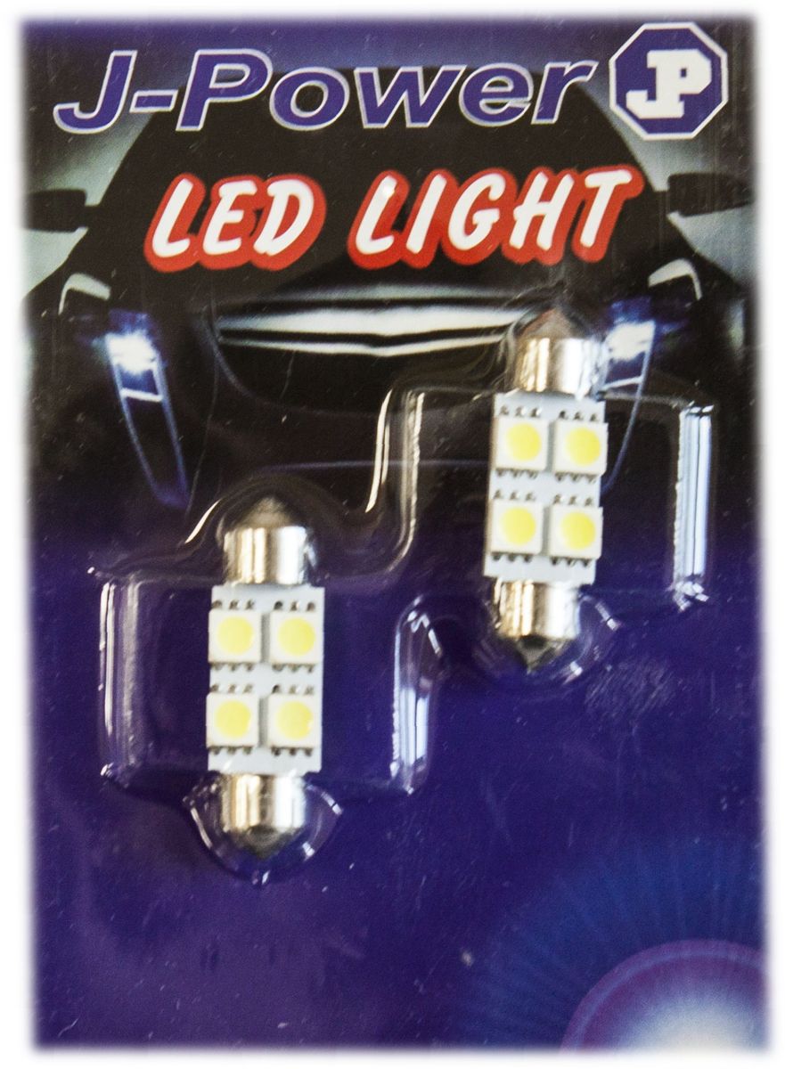 Автолампа светодиодная Jpower, 2 шт. SJ-4SMD-5050-36MMSJ-4SMD-5050-36MM Автолампа светодиодная Jpower, 2 шт. SJ-4SMD-5050-36MMSJ-4SMD-5050-36MMАвтомобильная светодиодная лампа c цоколем C5W. Длина 36мм.Чаще всегоиспользуется для подсветки салона автомобиля и номерного знака.