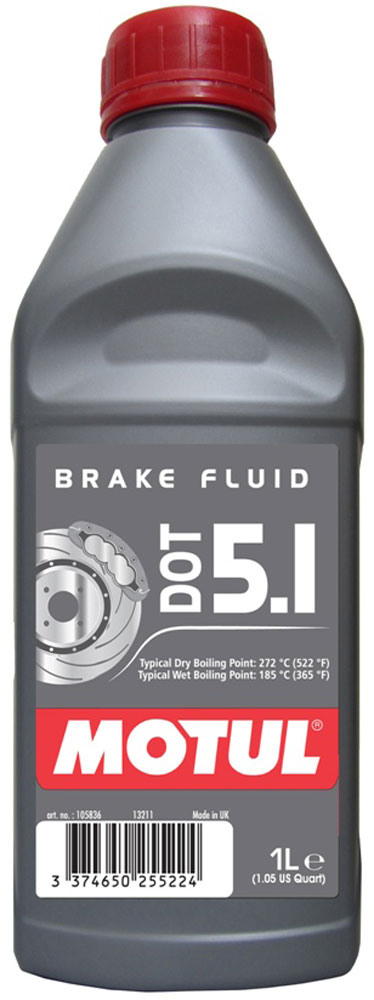 Жидкость тормозная Motul DOT 5.1 BF, 1 л105836 Жидкость тормозная Motul DOT 5.1 BF, 1 л105836Жидкость длительного использования для гидравлических тормозных приводов и сцеплений. 100% синтетика, DOT 5.1 (без силикона). Для всех систем гидравлических тормозных приводов и сцеплений, в которых рекомендовано применение жидкостей DOT 3, DOT 4, DOT 5.1. Жидкость специально разработана для работы с антиблокировочной системой тормозов (ABS). Одобрения: FMVSS 116 DOT 5.1 NON SILICONE BASE, DOT 4 et DOT 3; SAE J 1703; ISO 4925 (5.1, 4 et 3)