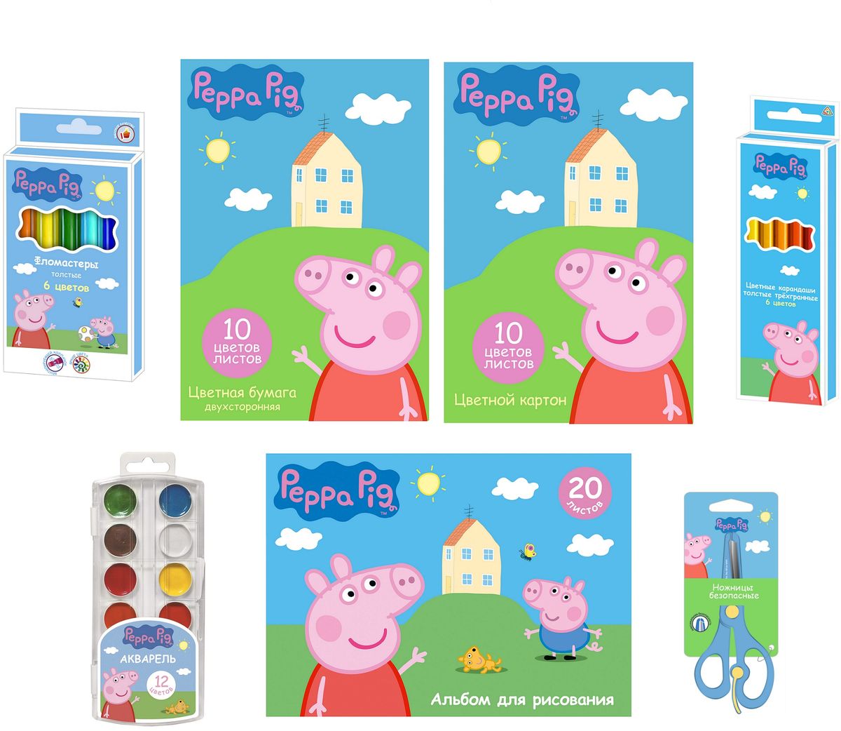 Peppa Pig Набор для детского творчества Свинка Пеппа 7 предметов33351 Peppa Pig Набор для детского творчества Свинка Пеппа 7 предметов33351В наборе Свинка Пеппа: 1) Набор из 6 толстых трёхгранных карандашей. Длина: 17,5 см; толщина: 1 см; толщина грифеля; 0,4 см. 2) Цв. бумага: А4, 10 цв. (10 л.). Блок: мелованная бумага с двусторонней печатью. Упаковка: папка с двумя клапанами из мелованного картона с глянцевым лаком. 3) Цв. картон: А4, 10 цв. (10 л.). Блок: мелованный картон. Упаковка: папка с одним клапаном из мелованного картона с глянцевым лаком. 4) Акварель - 12 цветов. Хорошо размывается, легко наносится, быстро сохнет. 5) Альбом для рисования: А4, 20 л. Высокая плотность бумаги, обложка - импортный мелованный картон. Крепление - скрепка. 6) Безопасные ножницы с усилителем: эргономичный корпус, усилитель, заставляющий ножницы раскрываться без нажима; лезвия из высококачественной нержавеющей стали, закругленные концы, пластиковые накладки. Длина ножниц: 13,5 см. 7) Фломастеры толстые (6 шт.) для малышей. Диаметр: 1,5 см; длина: 14,5 см. Корпус не ломается, даже если согнуть...