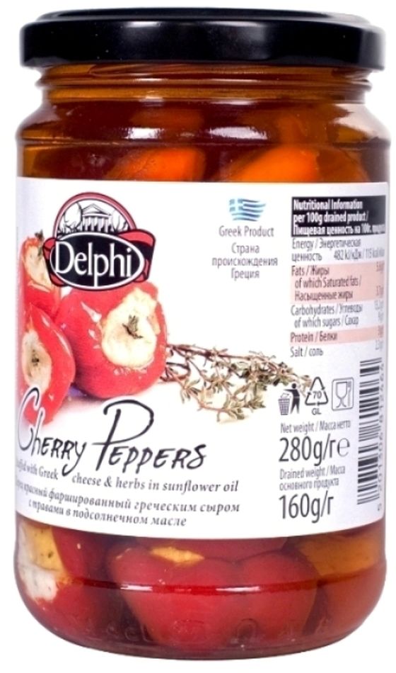 Delphi перец красный фаршированный греческим сыром с травами в подсолнечном масле, 280 г42.0008,1 Delphi перец красный фаршированный греческим сыром с травами в подсолнечном масле, 280 г42.0008,1Перец, фаршированный греческим сыром 22,1% (сыр Фета, сыр Мизитра).