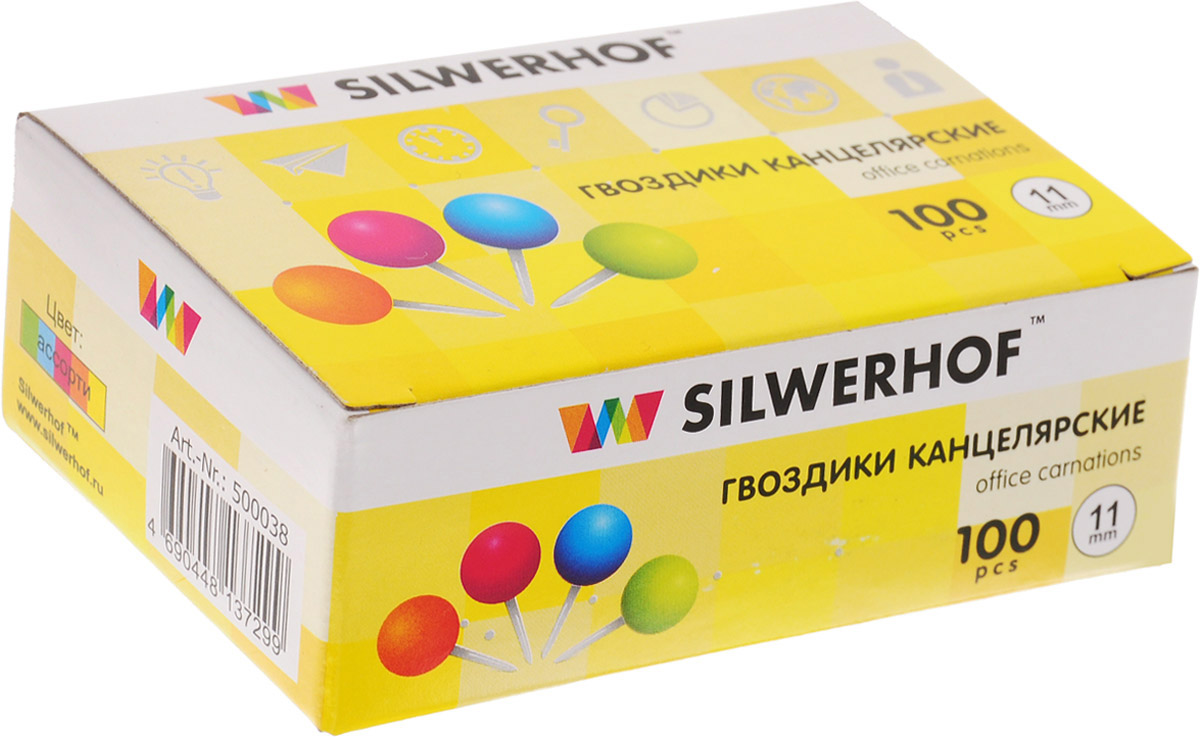 Silwerhof Кнопки канцелярские Гвоздики 100 шт500038 Silwerhof Кнопки канцелярские Гвоздики 100 шт500038Канцелярские кнопки Silwerhof Гвоздики предназначены для скрепления документов. Канцелярские кнопки помогут вам не только организовать документы и подготовить важные бумаги, но и расставят акценты в деловых презентациях и надежно закрепят ваши сообщения на любой мягкой поверхности. Кнопки обеспечивают фиксацию документов при минимальном повреждении, благодаря тонким и острым иглам.