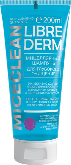 Librederm Мицеллярный шампунь для глубокого очищения Miceclean 200 мл111010 Librederm Мицеллярный шампунь для глубокого очищения Miceclean 200 мл111010Эффективно удаляет накопленные остатки укладочных средств, излишнюю сальность, хлор, силикон раскрывает закупоренные поры, поры, позволяя расти новым волосам здоровыми и сильными подготавливает кожу к более эффективному уходу, усиливает эффект от масок, бальзамов и масел для волос
