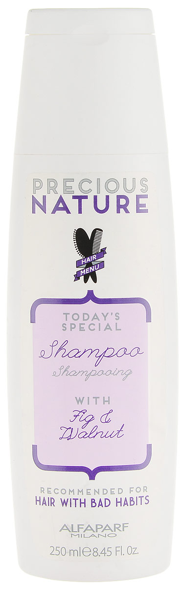 Alfaparf Precious Nature Shampoo for Bad Hair Habits Шампунь для волос с вредными привычками, 250 мл14720 Alfaparf Precious Nature Shampoo for Bad Hair Habits Шампунь для волос с вредными привычками, 250 мл14720Бережное очищение и идеальный уход для восстановления и укрепления ослабленных, ломких волос. Волосы становятся сильными и плотными уже с первого применения. Входящий в состав экстракт инжира* сохраняет здоровье и блеск волос, а также улучшает естественную выработку коллагена. Масло грецкого ореха* способствует интенсивному питанию и укреплению волос изнутри. *100% натуральный ингредиент. НЕ СОДЕРЖИТ: сульфатов, парабенов, парафинов, минеральных масел, синтетических веществ, аллергенов *гипоаллергенные экстракты растений и ароматизаторы Объем: 250 мл