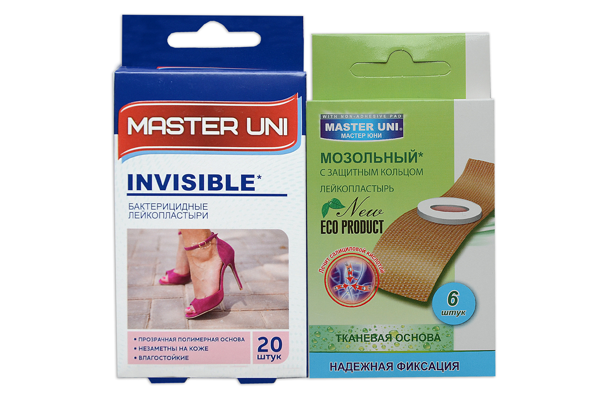 Master Uni Mix Invisible набор лейкопластырей, 20+6шт17021М Master Uni Mix Invisible набор лейкопластырей, 20+6шт17021МMIX INVISIBLE - состоит из двух видов лейкопластырей - бактерицидного и от сухих мозолей. Набор бактерицидных лейкопластырей на прозрачной полимерной основе надежно защищающих рану от попадания загрязнений. Эффективен при ссадинах, порезах и мелких повреждениях кожи. Прозрачная влагостойкая основа надежно фиксируется на коже, повторяя изгибы тела, абсорбирующая подушечка моментально всасывает раневые выделения, имеет дополнительную защиту от грязи и микробов со всех сторон, покрыта бактерицидной атравматической сеткой, которая не прилипает к ране. Антисептик: бензалкония хлорид, эффективно дезинфицирует и способствует быстрому заживлению раны без образования рубцов. Мозольный пластырь - эффективное средство для удаления ороговевшей кожи любой части стопы. Пластырь на тканевой основе надежно фиксируется на ноге и принимает нужную форму при ходьбе. Мягкое защитное кольцо пластыря предохраняет здоровую кожу от контакта с лечебным веществом - салициловой кислотой, которая безболезненно...