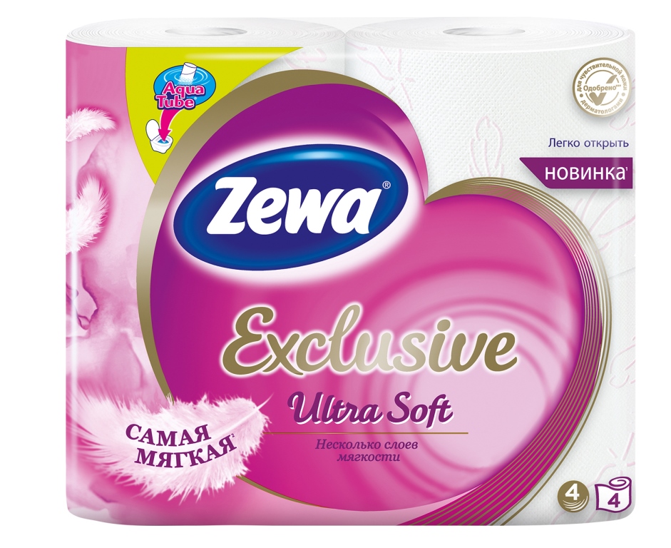 Туалетная бумага Zewa Exclusive, 4 слоя, 4 рулона144112 Туалетная бумага Zewa Exclusive, 4 слоя, 4 рулона144112Zewa Exclusive - самая мягкая туалетная бумага, она бережно ухаживает за кожей благодаря 4м ультра-мягким слоям. Сенсация! Со смываемой втулкой Aqua Tube! Белая 4-х слойная туалетная бумага без аромата 4 рулона в упаковке Состав: целлюлоза Производство: Россия