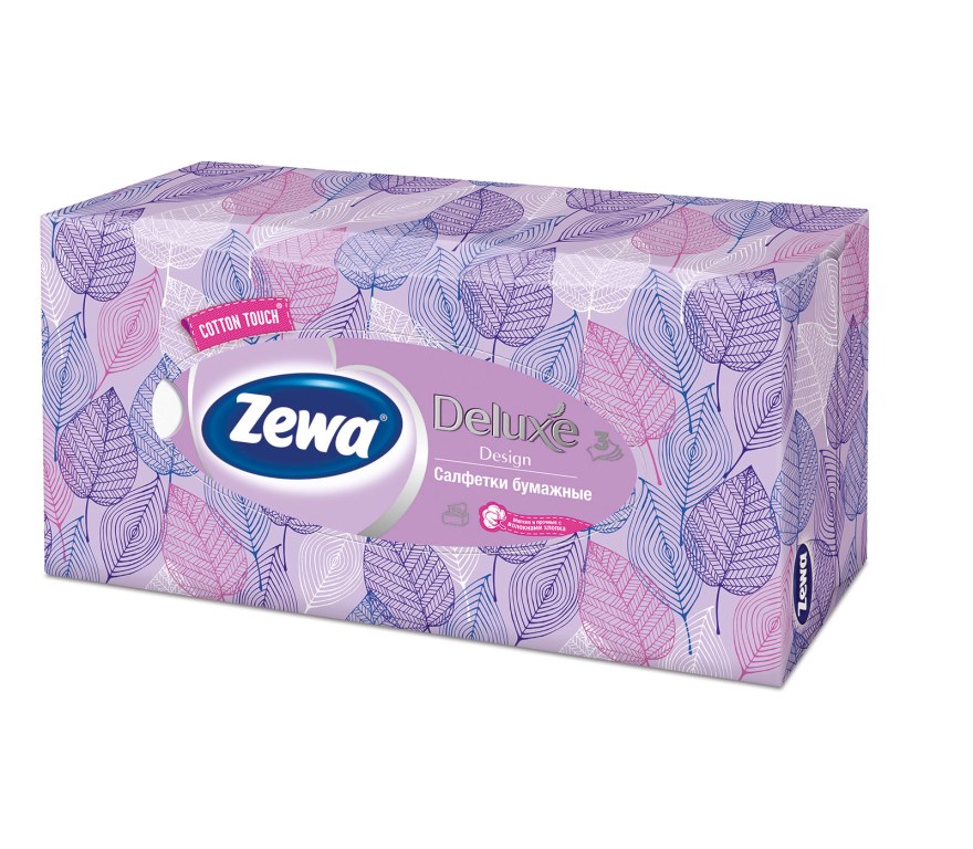 Zewa Платки косметические в коробке Deluxe, 90 шт, цвет: сиреневый28420_сиреневый Zewa Платки косметические в коробке Deluxe, 90 шт, цвет: сиреневый28420_сиреневыйБумажные салфетки Zewa COTTON TOUCH® произведены с добавлением натуральных волокон хлопка и одновременно сочетают в себе мягкость и прочность. Они деликатно и нежно заботятся о Вашей коже и дарят незабываемые ощущения прикосновения хлопка. Бумажные салфетки Zewa в коробочках с ярким дизайном станут незаменимыми помощниками дома или на работе. Они «спасут» не только во время простуды, но и в повседневных делах, когда нужно вытереть руки или лицо, поправить макияж. Белые 3-х слойные носовые платки без аромата. 5 разных дизайнов коробок. 90 платков в коробке. Состав: целлюлоза, волокна хлопка. Производство: Россия.