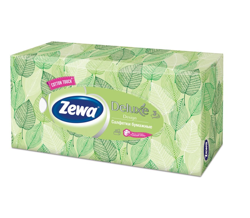 Салфетки бумажные косметические Zewa Deluxe, 90 шт, цвет: зеленый28420_зеленый Салфетки бумажные косметические Zewa Deluxe, 90 шт, цвет: зеленый28420_зеленыйБумажные салфетки Zewa COTTON TOUCH® произведены с добавлением натуральных волокон хлопка и одновременно сочетают в себе мягкость и прочность. Они деликатно и нежно заботятся о Вашей коже и дарят незабываемые ощущения прикосновения хлопка. Бумажные салфетки Zewa в коробочках с ярким дизайном станут незаменимыми помощниками дома или на работе. Они спасут не только во время простуды, но и в повседневных делах, когда нужно вытереть руки или лицо, поправить макияж. Белые 3-х слойные носовые платки без аромата. 5 разных дизайнов коробок. 90 платков в коробке. Состав: целлюлоза, волокна хлопка. Производство: Россия.