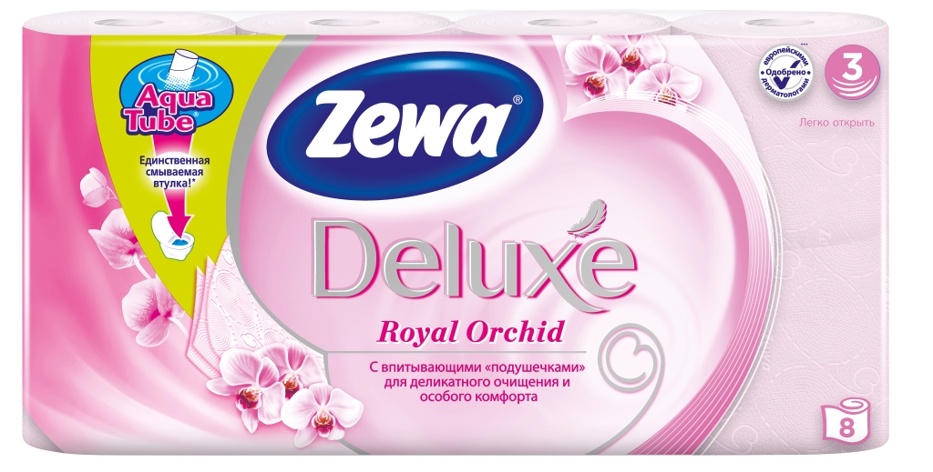Туалетная бумага Zewa Deluxe Орхидея, 3 слоя, 8 рулонов02.03.05.5368 Туалетная бумага Zewa Deluxe Орхидея, 3 слоя, 8 рулонов02.03.05.5368Подарите себе удовольствие от ежедневного ухода за собой. Zewa Deluxe с новыми впитывающими подушечками деликатно очищает и нежно заботится о вашей коже. Мягкость, Забота, Комфорт – вашей коже это понравится! Сенсация! Со смываемой втулкой Aqua Tube! Розовая 3-х слойная туалетная бумага с ароматом орхидеи 8 рулонов в упаковке Состав: целлюлоза Производство: Россия