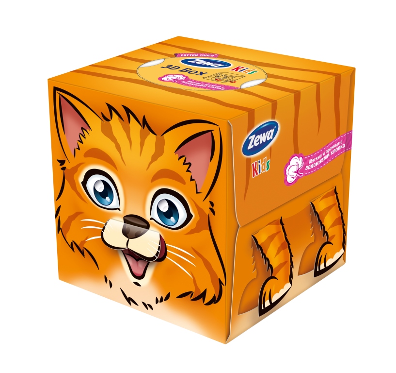 Zewa Бумажные платочки в коробке Kids. Тигренок, детские, 60 шт140814732 Zewa Бумажные платочки в коробке Kids. Тигренок, детские, 60 шт140814732Бумажные салфетки Zewa COTTON TOUCH® произведены с добавлением натуральных волокон хлопка и одновременно сочетают в себе мягкость и прочность. Они деликатно и нежно заботятся о Вашей коже и дарят незабываемые ощущения прикосновения хлопка. Бумажные салфетки Zewa в коробочках с ярким дизайном станут незаменимыми помощниками дома или на работе. Они «спасут» не только во время простуды, но и в повседневных делах, когда нужно вытереть руки или лицо, поправить макияж. Белые 3-х слойные бумажные салфетки для лица без аромата. 3 разных дизайна коробок с 3D элементами. 60 платков в коробке. Состав: целлюлоза, волокна хлопка. Производство: Россия.
