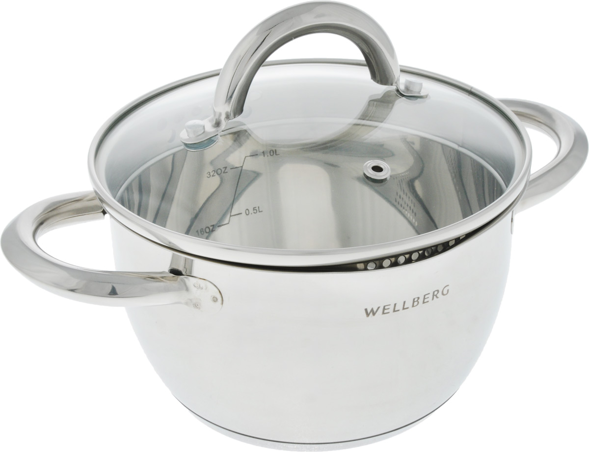 Кастрюля Wellberg Crafty с крышкой, 1,5 л. 1921WB/41921WB/4 Кастрюля Wellberg Crafty с крышкой, 1,5 л. 1921WB/41921WB/4Кастрюля Wellberg Crafty изготовлена из высококачественной нержавеющей стали 18/10. Зеркальная полировка придает кастрюле безупречный внешний вид. Идеально ровная внутренняя поверхность значительно облегчает мытье. Энергосберегающее пятислойное капсульное алюминиевое дно быстро и равномерно распределяет тепло. Внутренние стенки имеют отметки литража. Изогнутые края кастрюли и отверстия в крышке обеспечивают аккуратное и более удобное выливание жидкости. Изделие оснащено клепаными ненагревающимися ручками. Крышка изготовлена из термостойкого стекла, оснащена металлическим ободом, ручкой и отверстием для выпуска пара. Подходит для всех типов плит: газовых, электрических, стеклокерамических, галогенных, индукционных. Можно использовать в духовом шкафу и мыть в посудомоечной машине. Не предназначена для СВЧ-печей. Диаметр (по верхнему краю): 16 см. Высота стенки кастрюли: 9,5 см.