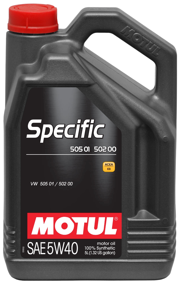 Масло моторное Motul Specific 505,01, синтетическое, 5W-40, 5 л101575 Масло моторное Motul Specific 505,01, синтетическое, 5W-40, 5 л101575Моторное масло для бензиновых и дизельных двигателей Volkswagen. 100% синтетическое. Специально разработано для автомобилей группы VAG (VW, Audi, Skoda, Seat), с фиксированным межсменным интервалом (15 000 км. в Европе), оснащенных TDI или турбодизельным двигателем VW с насос-форсункой или без таковой. Предназначено как для бензиновых (этилированный или неэтилированный бензин), так и для дизельных двигателей без сажевого фильтра (DPF) группы VW. ACEA Стандарты: ACEA C3 Одобрения: VW 505 01 / 502 00; FORD WSS M2C 917A