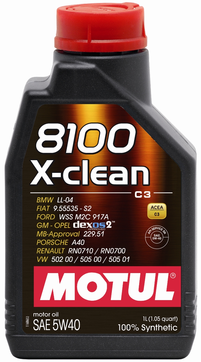 Масло моторное Motul 8100 X-Clean, синтетическое, 5W-40, 1 л102786 Масло моторное Motul 8100 X-Clean, синтетическое, 5W-40, 1 л102786Моторное масло для бензиновых и дизельных двигателей стандарта Евро IV и Евро V. 100% синтетическое. Высокотехнологичное 100% синтетическое моторное масло одобренное многими производителями техники. Специально разработано для бензиновых и дизельных двигателей автомобилей последнего поколения оснащенных турбо-наддувом и непосредственным впрыском, двигателей отвечающих требованиям норм Евро IV и Евро V и требующих использования в них масла стандарта ACEA C3: масла с высокой вязкостью HTHS (более 3.5 mPa/s), сниженным содержанием сульфатной золы (0,8%), фосфора (0.07%-0.09%), серы (0.3%) - Mid SAPS. Совместимо с каталитическими конверторами и сажевыми фильтрами (DPF). Перед применением необходимо ознакомиться с руководством по эксплуатации автомобиля. ACEA Стандарты: ACEA C3 API Стандарты: API SN Одобрения: BMW LL-04; FORD WSS M2C 917A; MB-Approval 229.51; VW 502 00 / 505 00 / 505 01; PORSCHE A40; Renault RN0710 / 0700; GM-OPEL dexos2 - License number:...