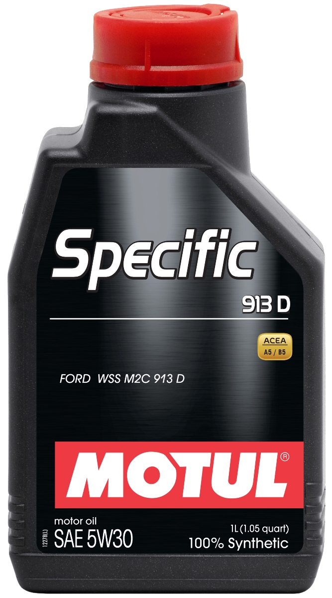 Масло моторное Motul Specific 913D, синтетическое, 5W-30, 1 л104559 Масло моторное Motul Specific 913D, синтетическое, 5W-30, 1 л104559100% синтетическое энергосберегающее масло для всех дизельных и некоторых бензиновых (см. техническую документацию) двигателей FORD. Одобрение FORD WSS M2C 913 D перекрывает большинство двигателей, требующих моторное масло с допуском FORD WSS M2C 913 A, 913 B и 913 C. ACEA Стандарты: ACEA A5/B5