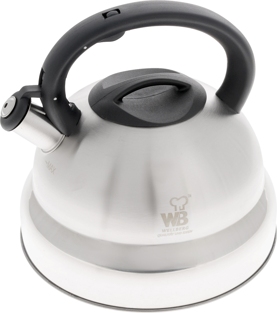 Чайник Wellberg Whistling, со свистком, 4,8 л6233WB Чайник Wellberg Whistling, со свистком, 4,8 л6233WBЧайник Wellberg Whistling выполнен из высококачественной нержавеющей стали, что делает его весьма гигиеничным и устойчивым к износу при длительном использовании. Носик чайника оснащен свистком, что позволит вам контролировать процесс подогрева или кипячения воды. Фиксированная ручка, изготовленная из пластика, оснащена механизмом открывания носика. Сочетание зеркальной и матовой полировки придает чайнику изысканный внешний вид. Эстетичный и функциональный чайник будет оригинально смотреться в любом интерьере. Подходит для всех типов плит, включая индукционные. Можно мыть в посудомоечной машине. Высота чайника (с учетом ручки и крышки): 23 см. Диаметр чайника (по верхнему краю): 9,5 см. Диаметр основания: 24 см.